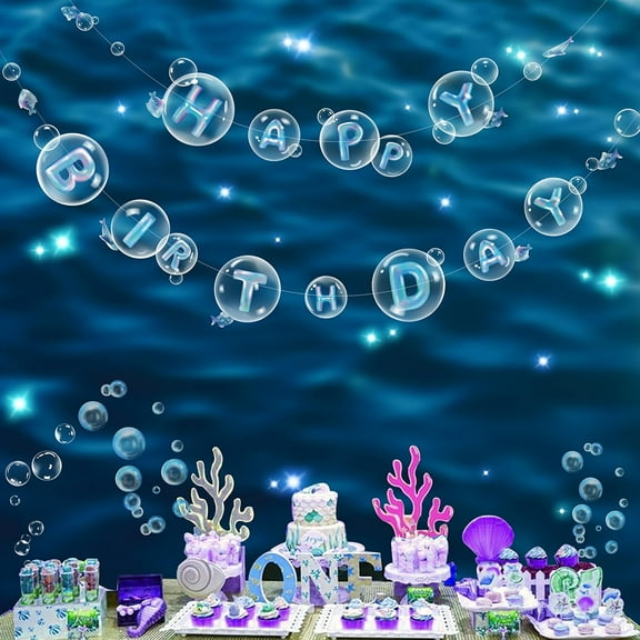 Cheerland Transparent Blue Under the Sea Happy Birthday Banner, 11.8 ft