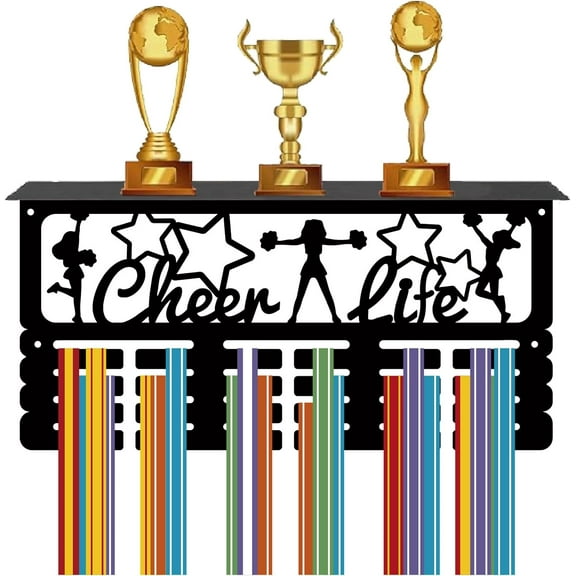 Cheerlead Medal Hanger Display Trophy Shelf Cheerleader Medal Holder with Shelf Stand Cheer Life Sports 4 Rows Metal Hanging Wall Mount Frame Hold 70+ Medals for Medals Rack 15.7x7.9Inch DIY
