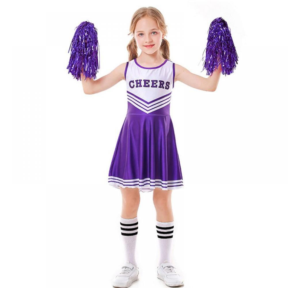 lontakids Cheerleader Costume for Girls Cheerleading Uniform Dress Outfit  with Stockings 2 Pom Poms