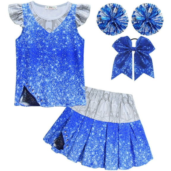 Cheerleader Costumes for Girls Halloween Outfits Kids Party Dress Up Hair Bow Pom Poms