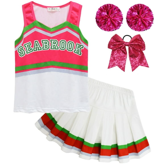 Cheerleader Costumes for Girls Halloween Outfits Kids Party Dress Up Hair Bow Pom Poms