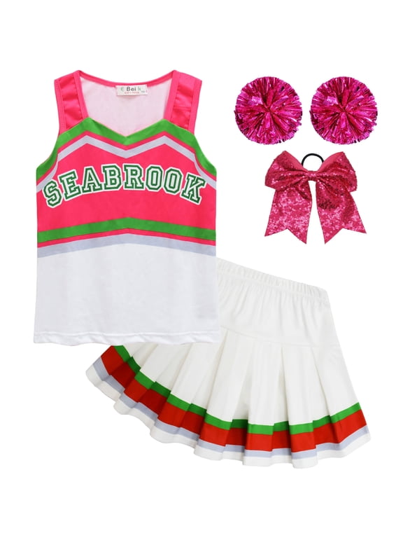 Girls Cheerleader Dress Up Outfit Skirt Set with Hair Bow & Pom Poms Monster Cosplay