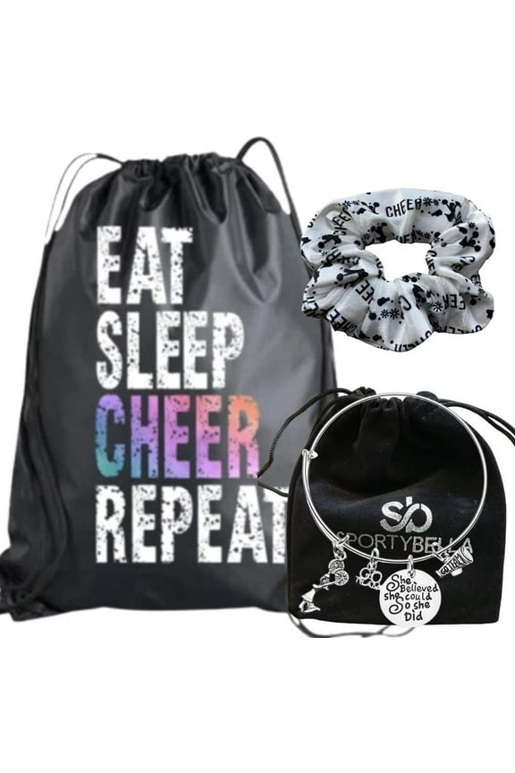 Cheerleader Gift Bundle, Cheer She Did Bangle Bracelet, Drawstring Bag and Scrunchie Gift Set, Girls and Women Cheerleading Accessories, Premium Cheer Scrunchie for Cheerleaders and Teams
