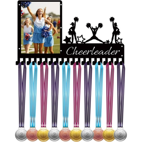 Cheerleader Medal Hanger Sports Awards Holder with 20 Hooks Metal Black Frame Wall Mount Ribbon Award Rack Display Stand for Hold 20+ Medals Home Athletes Medalist Races 16.5 x 9.8 Inch 1set