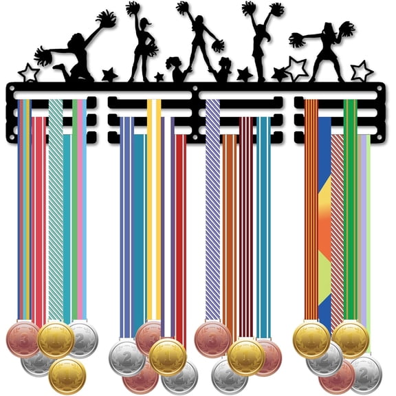 Cheerleader Medal Holder Award Ribbon Hanger Display Hold 60+ Medals Metal Black Wall Mount Iron Sports Athlete Rack Frame Stand Hanger for Home Sporter Athletes Medalist 15.7 x 5.9 Inch