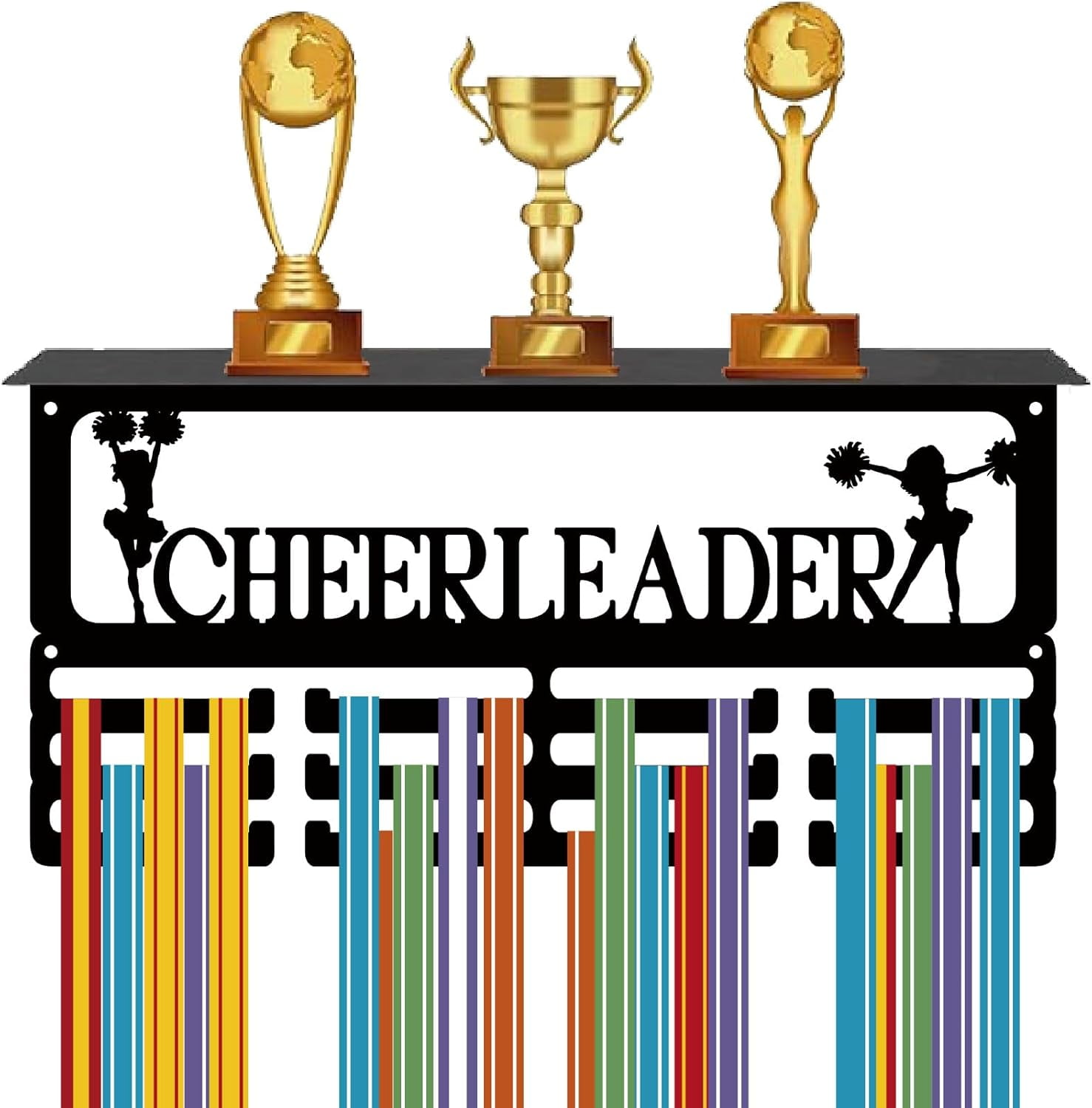 Cheerleader Medal Holder Cheerleading Medal Hanger Trophy Shelf Display with 12 Hooks Sports Medal Rack with Shelf for Wall Mount Stand Hold 60+ Medals Awards Ribbons Running 15.7x8x4Inch Black DIY