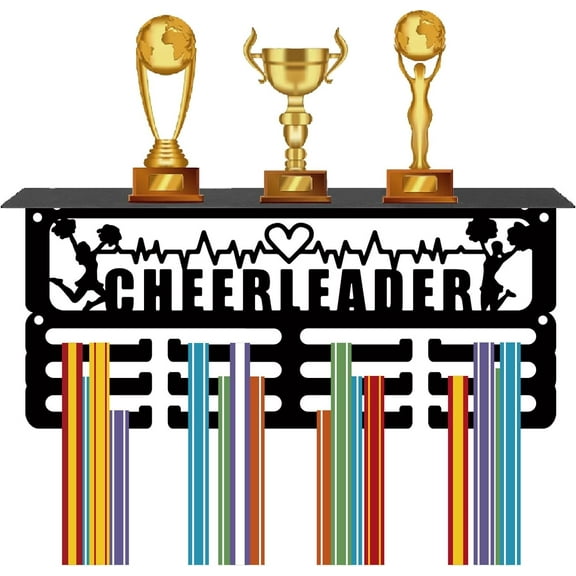 Cheerleader Medal Holder Trophy Shelf Medal Hangers Display with Shelf Stand Small Sports 4 Rows Wall Mount Hold 70+ Medals