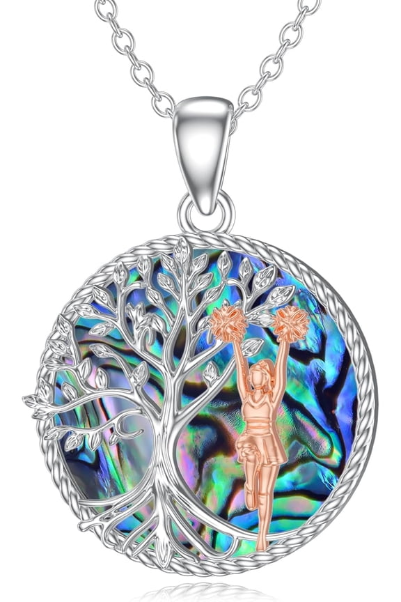 Cheerleader Necklace 925 Sterling Silver Abalone Cheer Pendant Tree of Life Graduation Birthday Jewelry Gifts for Women Sports Lover
