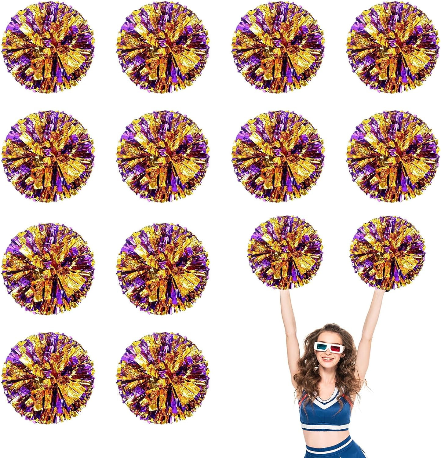 Cheerleader Pom Poms 12 Pack Sports Dance Cheering Plastic Metallic Cheerleading Pom Poms for Kids Adults-Ring Style