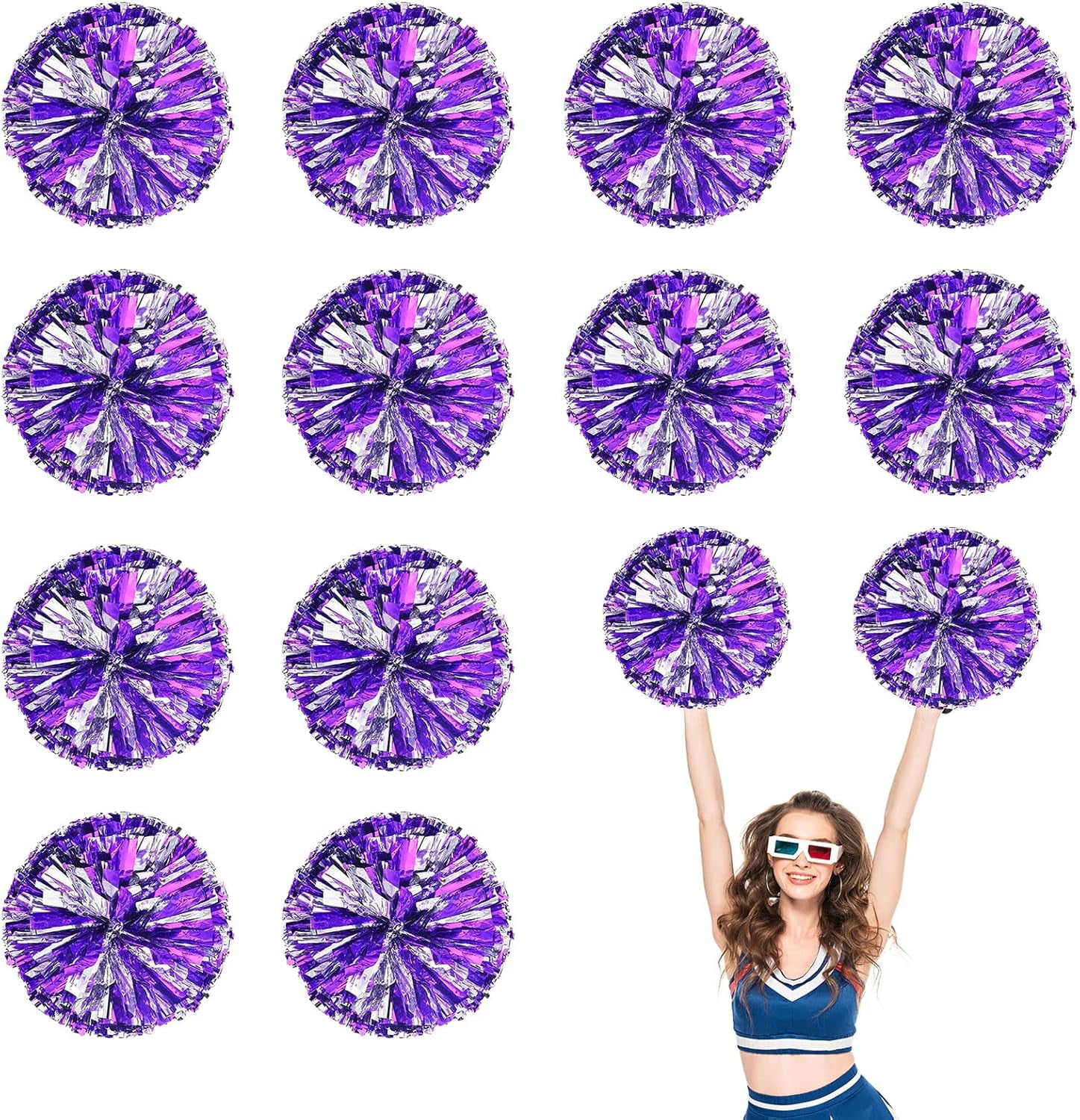 Cheerleader Pom Poms 12 Pack Sports Dance Cheering Plastic Metallic Cheerleading Pom Poms for Kids Adults-Ring Style