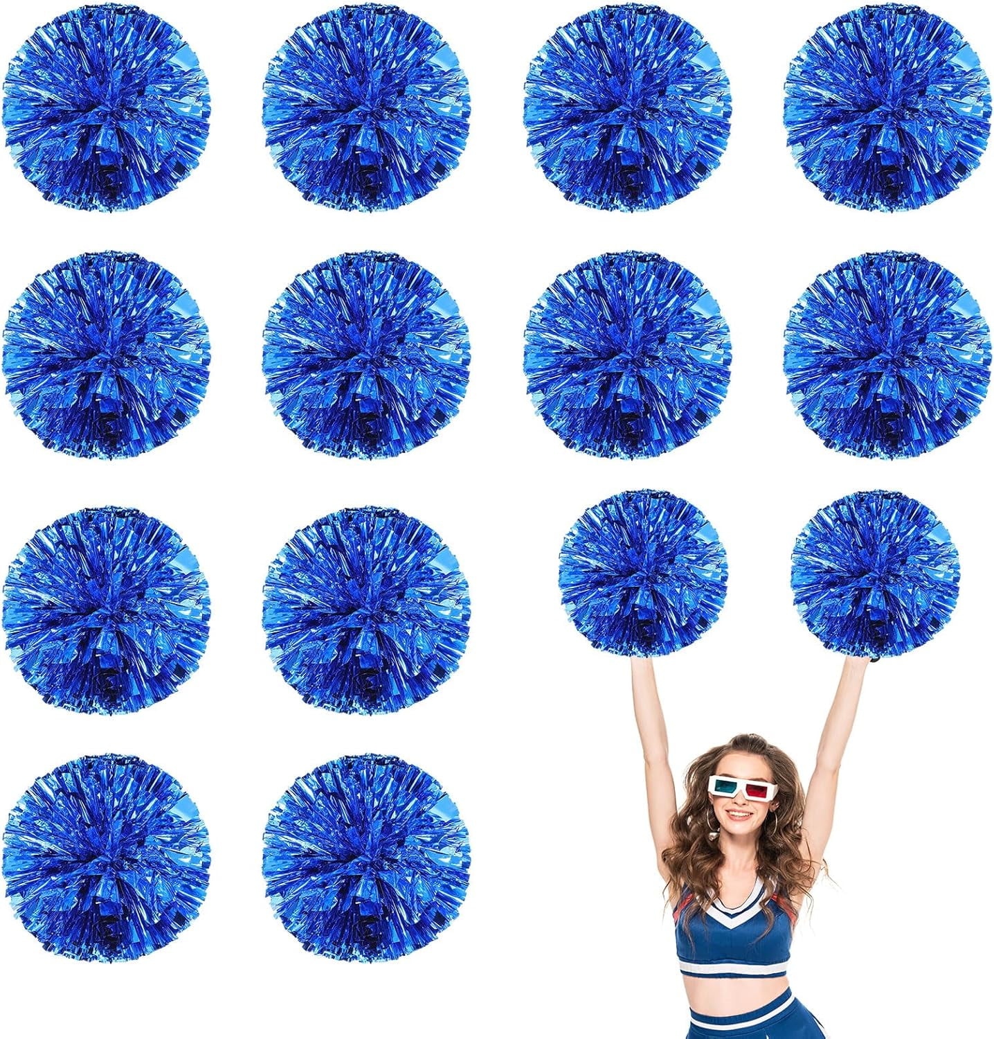 Cheerleader Pom Poms 12 Pack Sports Dance Cheering Plastic Metallic Cheerleading Pom Poms for Kids Adults-Ring Style