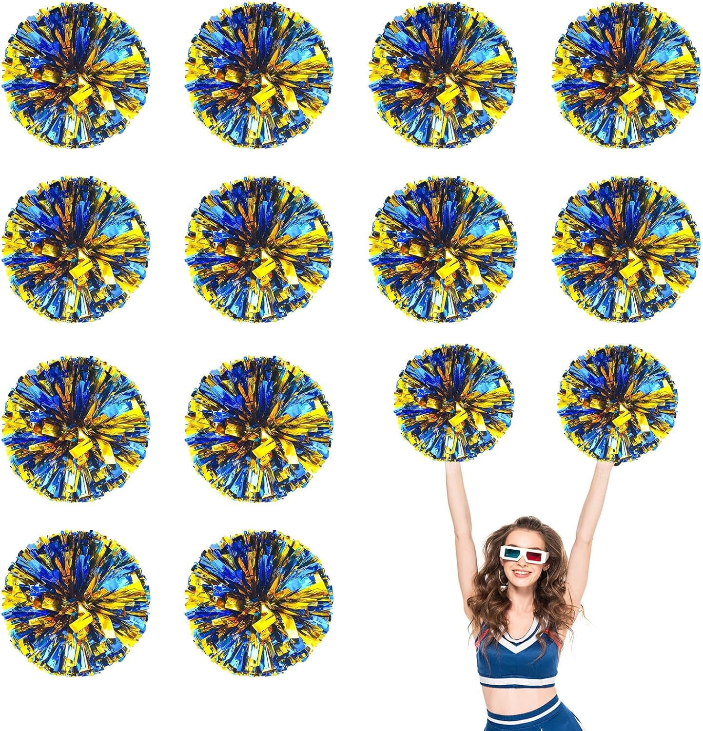 Cheerleader Pom Poms 12 Pack Sports Dance Cheering Plastic Metallic Cheerleading Pom Poms for Kids Adults-Ring Style