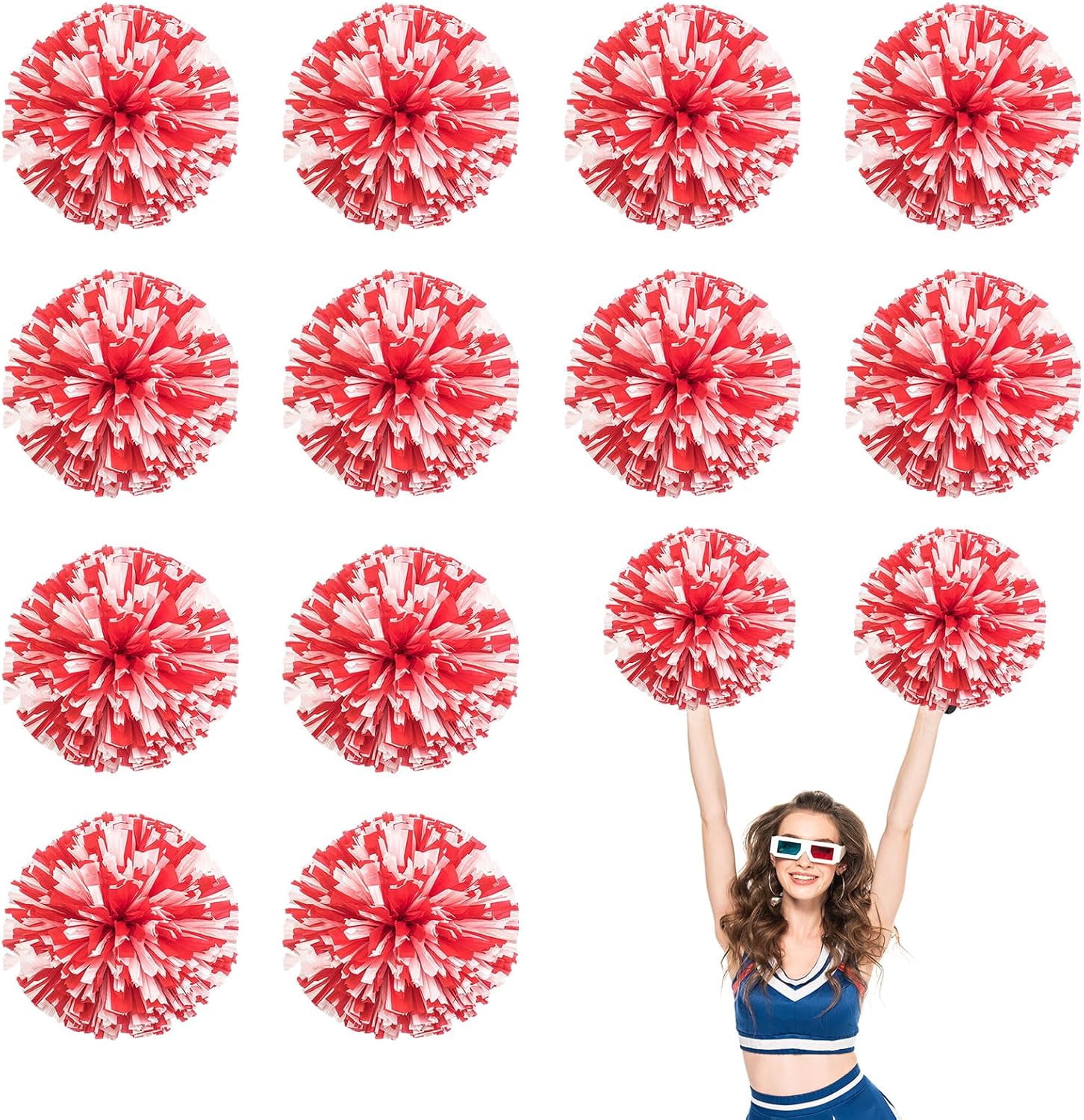 Cheerleader Pom Poms 12 Pack Sports Dance Cheering Plastic Metallic Cheerleading Pom Poms for Kids Adults-Ring Style