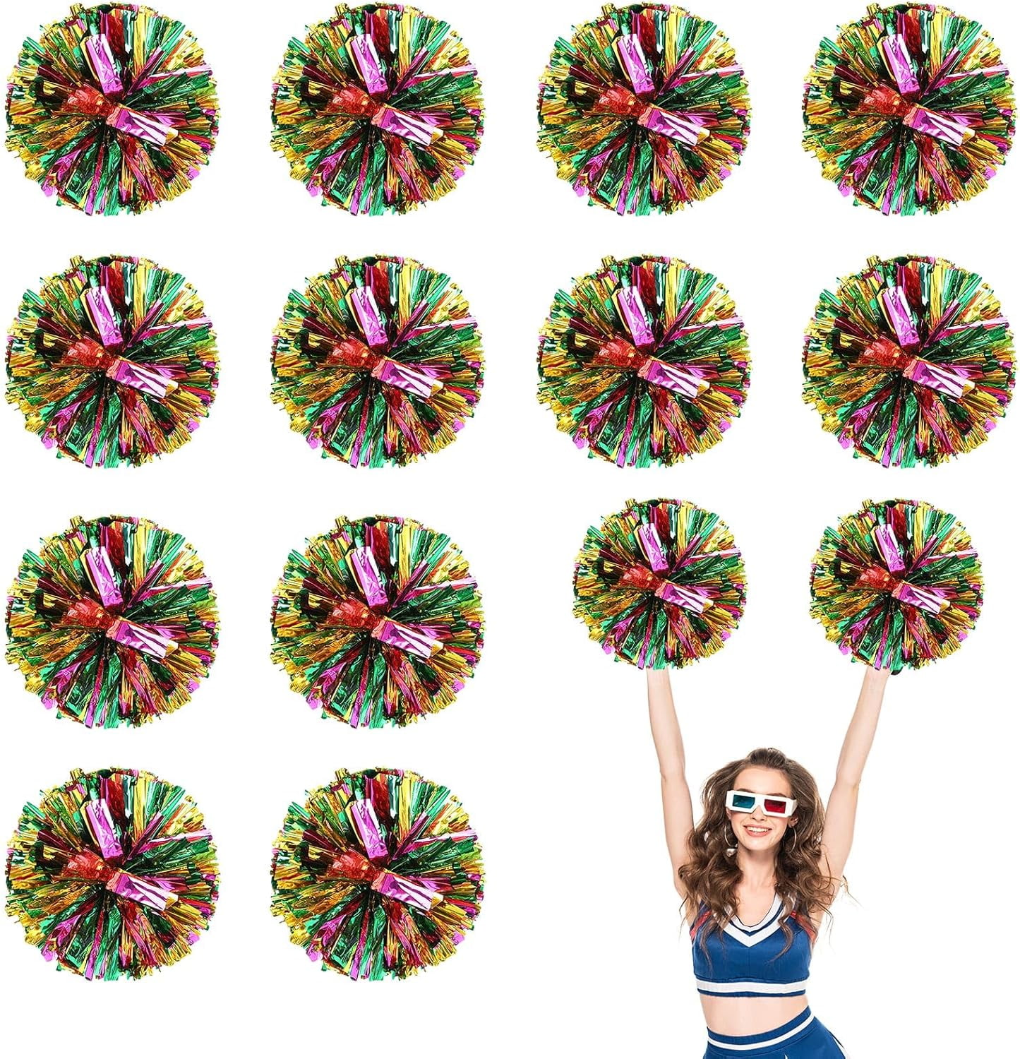 Cheerleader Pom Poms 12 Pack Sports Dance Cheering Plastic Metallic Cheerleading Pom Poms for Kids Adults-Ring Style