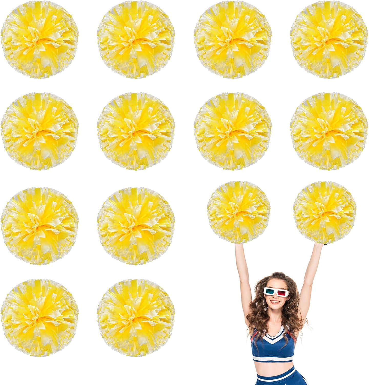 Cheerleader Pom Poms 12 Pack Sports Dance Cheering Plastic Metallic Cheerleading Pom Poms for Kids Adults-Ring Style
