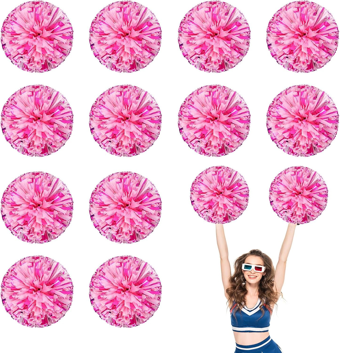 Cheerleader Pom Poms 12 Pack Sports Dance Cheering Plastic Metallic Cheerleading Pom Poms for Kids Adults-Ring Style