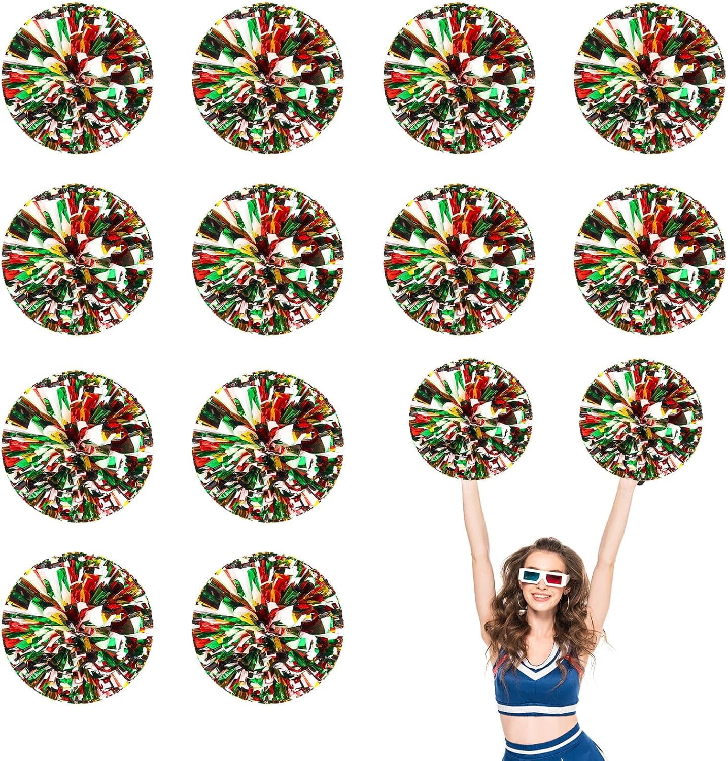 Cheerleader Pom Poms 12 Pack Sports Dance Cheering Plastic Metallic Cheerleading Pom Poms for Kids Adults-Ring Style