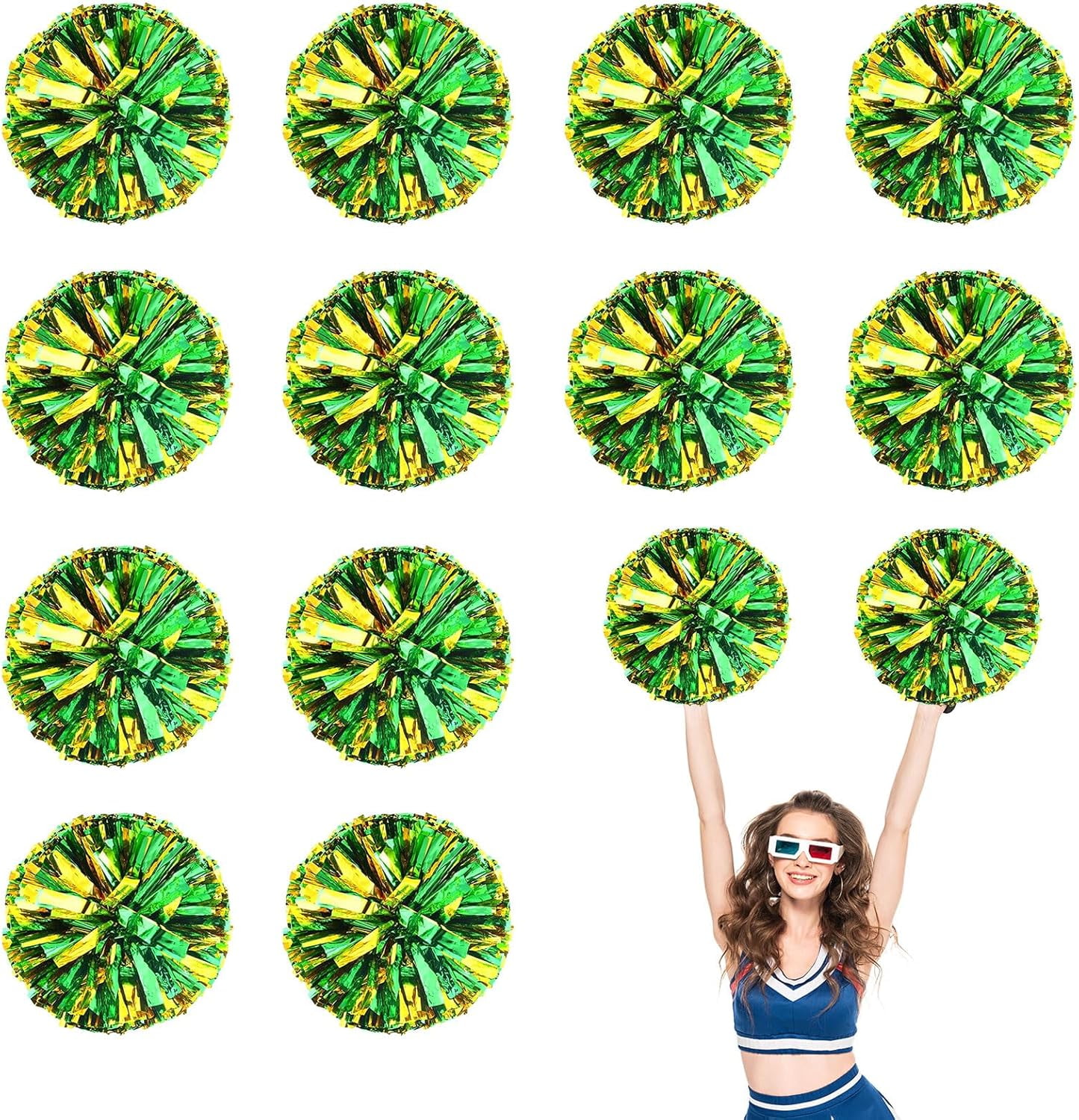 Cheerleader Pom Poms 12 Pack Sports Dance Cheering Plastic Metallic Cheerleading Pom Poms for Kids Adults-Ring Style