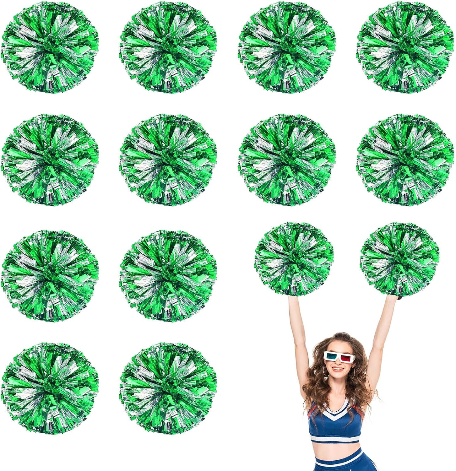 Cheerleader Pom Poms 12 Pack Sports Dance Cheering Plastic Metallic Cheerleading Pom Poms for Kids Adults-Ring Style
