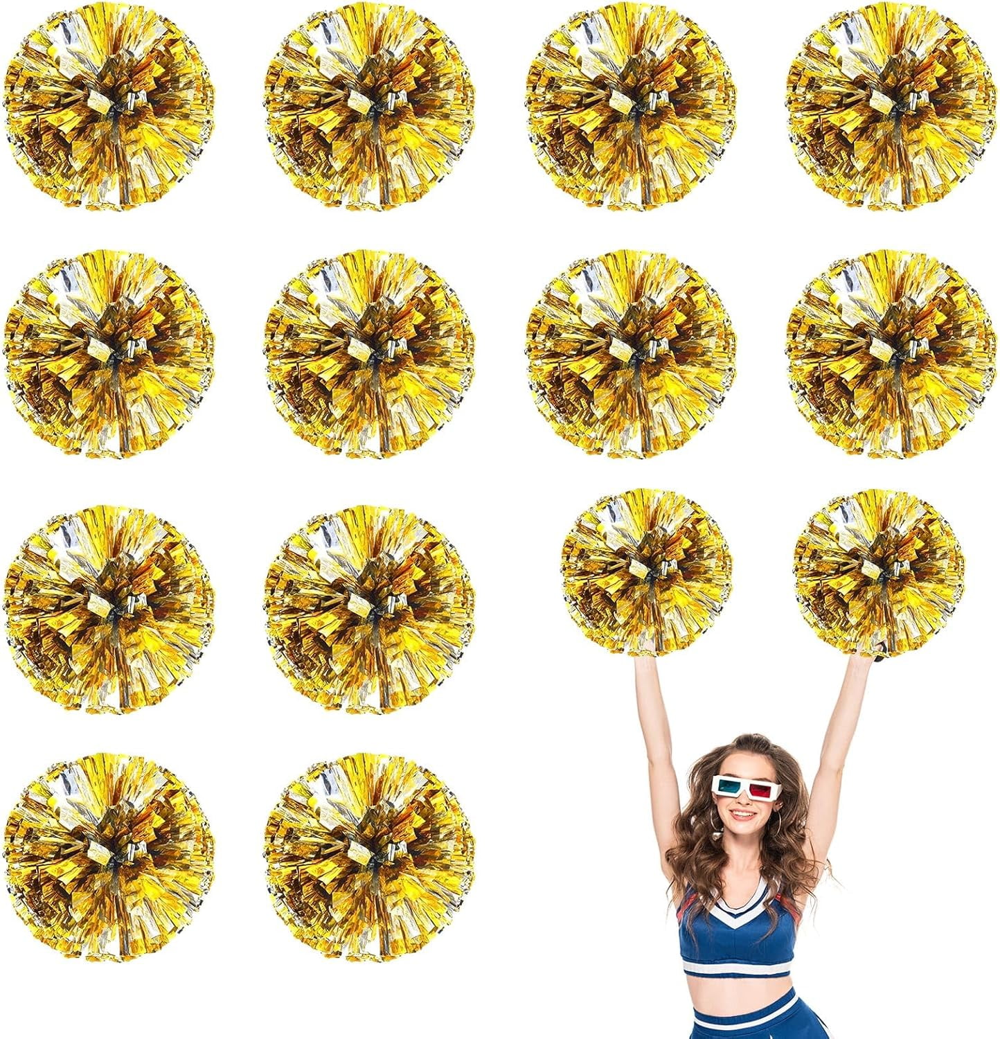 Cheerleader Pom Poms 12 Pack Sports Dance Cheering Plastic Metallic Cheerleading Pom Poms for Kids Adults-Ring Style