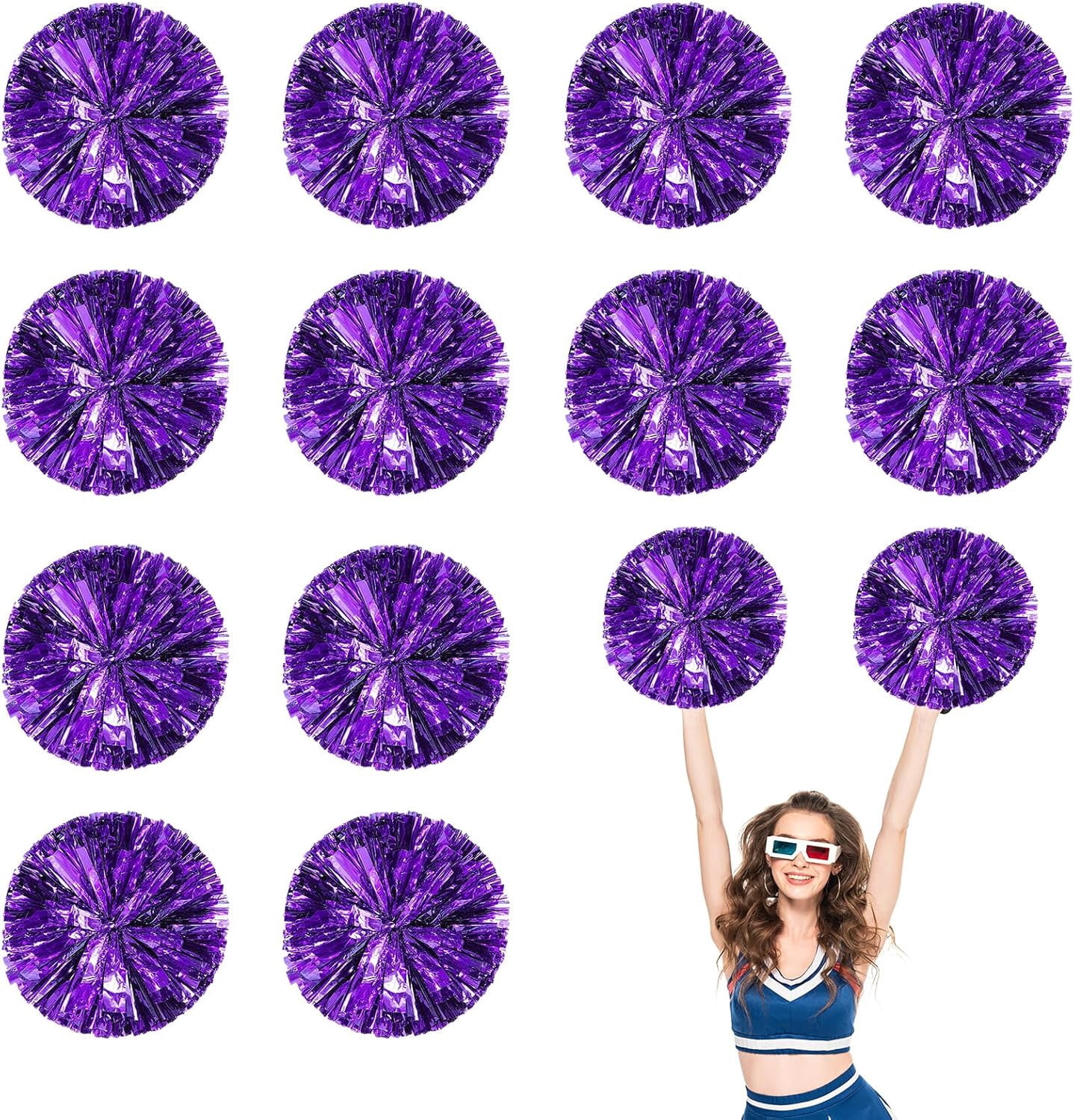 Cheerleader Pom Poms 12 Pack Sports Dance Cheering Plastic Metallic Cheerleading Pom Poms for Kids Adults-Ring Style