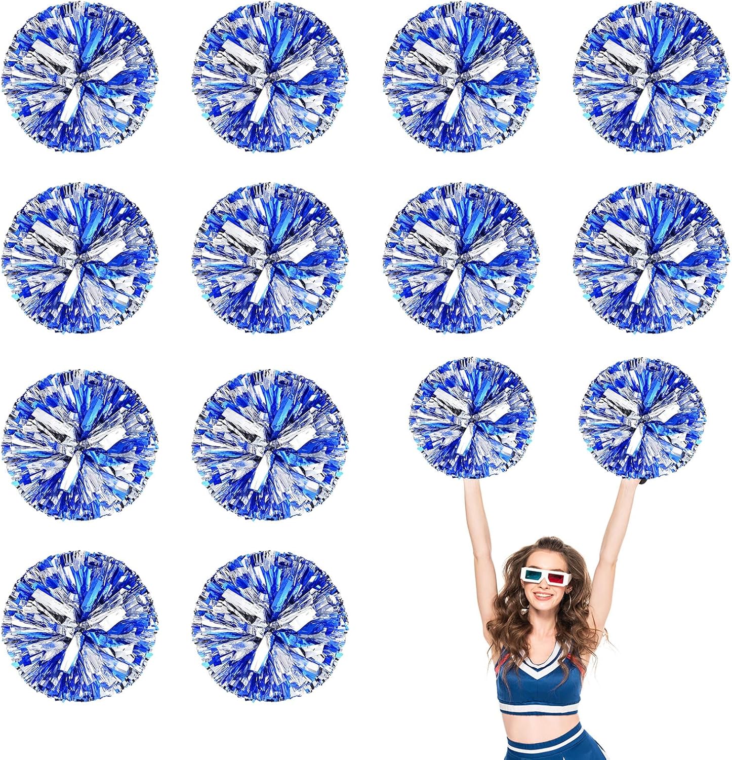 Cheerleader Pom Poms 12 Pack Sports Dance Cheering Plastic Metallic Cheerleading Pom Poms for Kids Adults-Ring Style