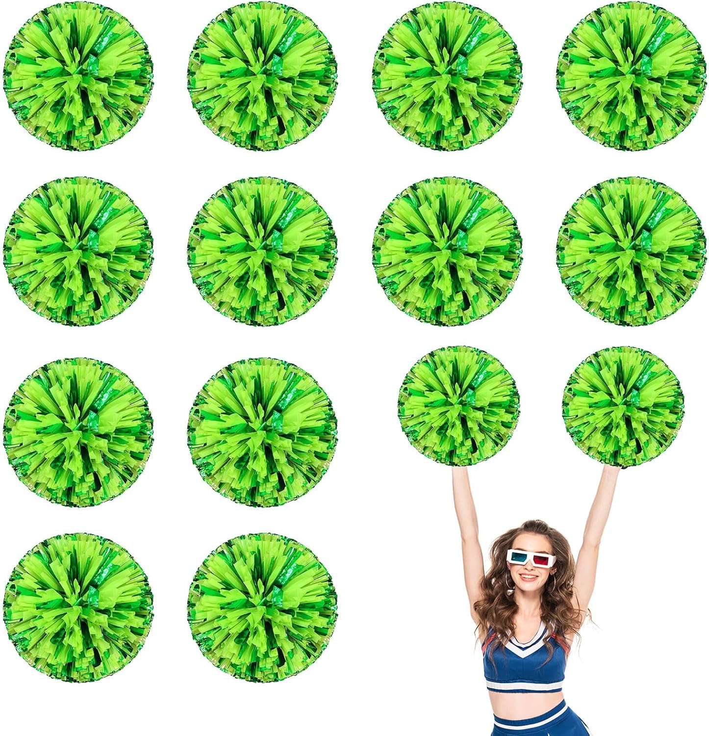 Cheerleader Pom Poms 12 Pack Sports Dance Cheering Plastic Metallic Cheerleading Pom Poms for Kids Adults-Ring Style