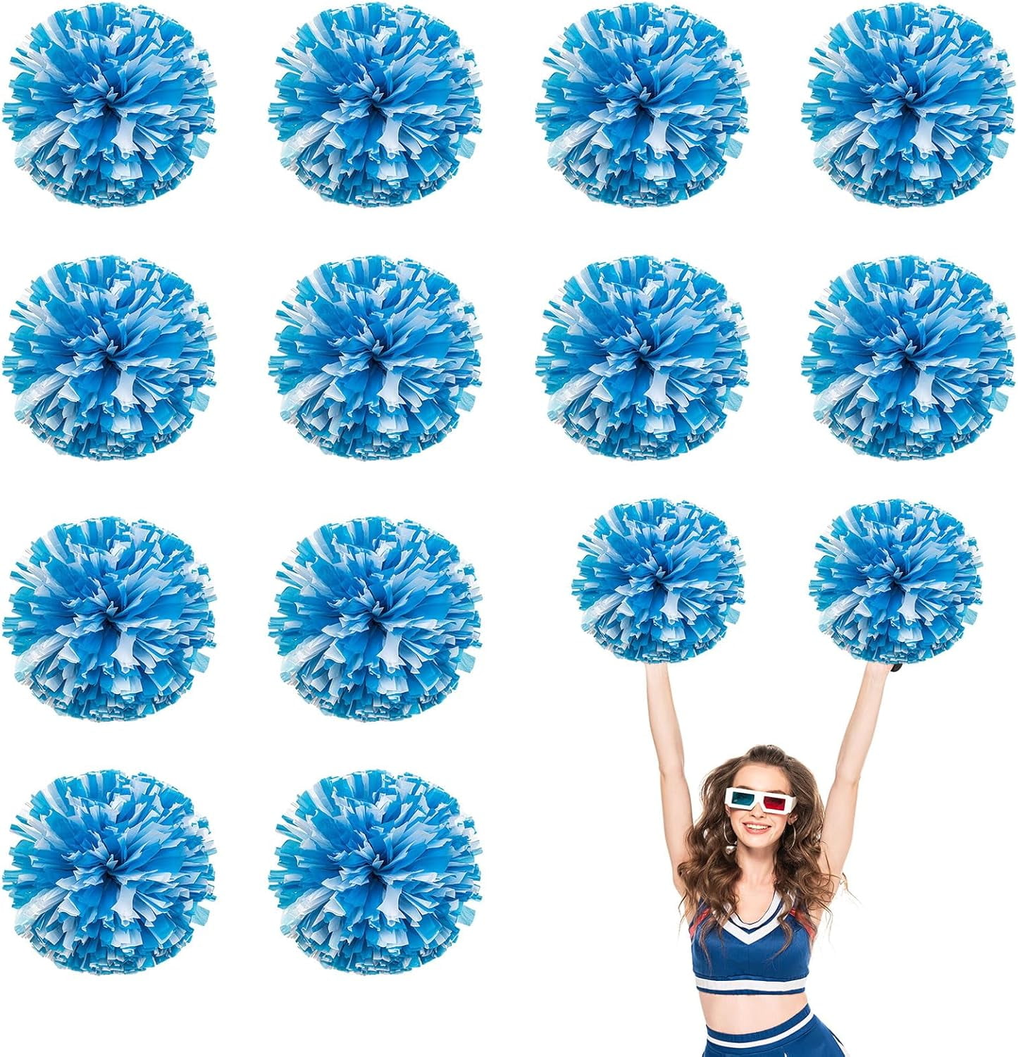 Cheerleader Pom Poms 12 Pack Sports Dance Cheering Plastic Metallic Cheerleading Pom Poms for Kids Adults-Ring Style