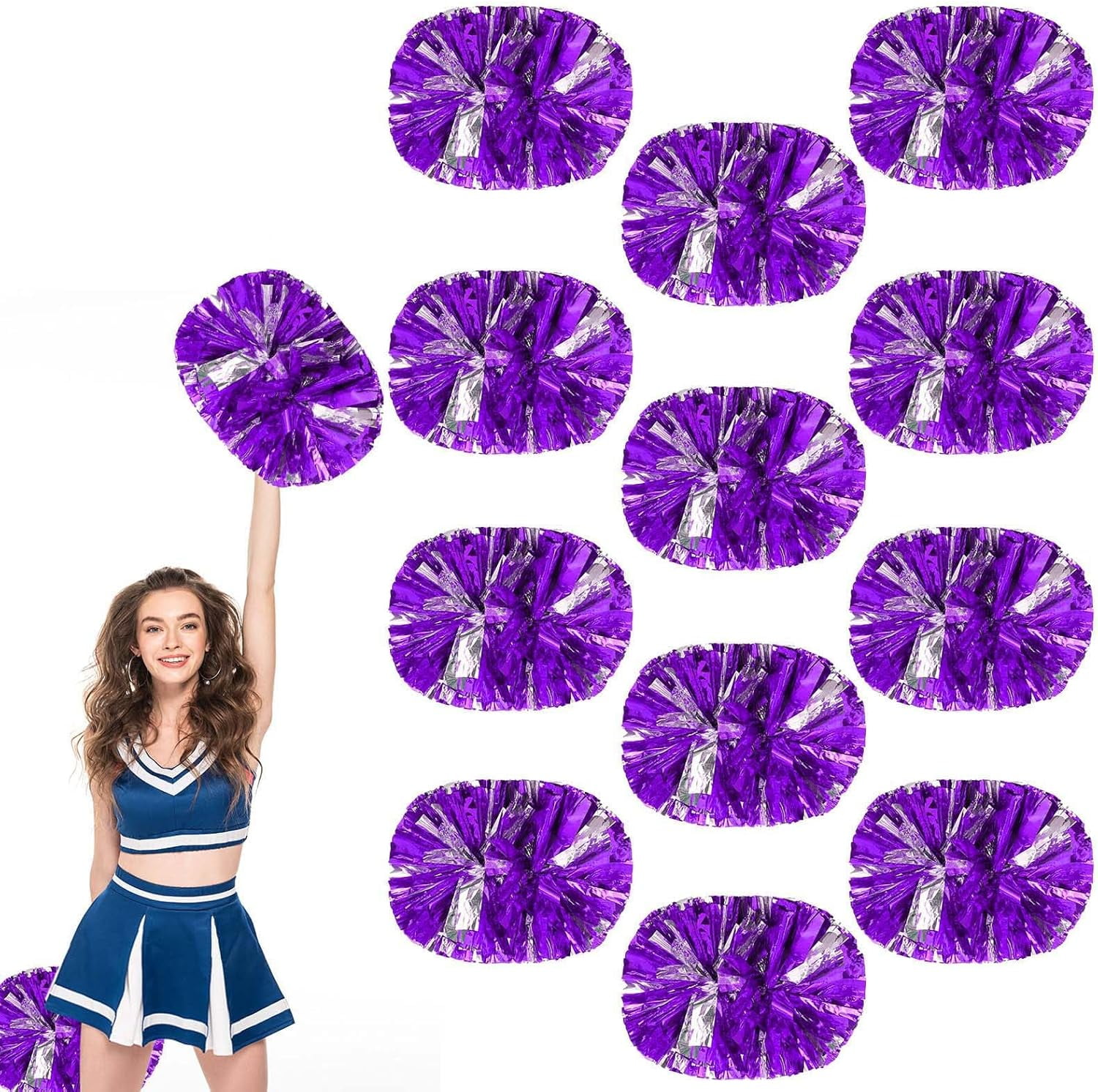 Cheerleader Pom Poms 12 Pack Sports Dance Cheering Plastic Metallic Cheerleading Pom Poms for Kids Adults