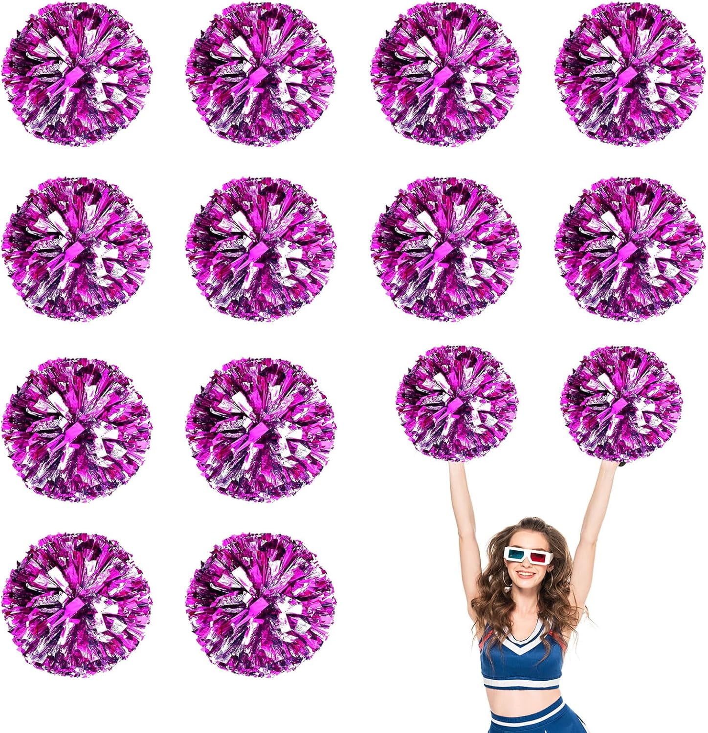 Cheerleader Pom Poms 12 Pack Sports Dance Cheering Plastic Metallic Cheerleading Pom Poms for Kids Adults