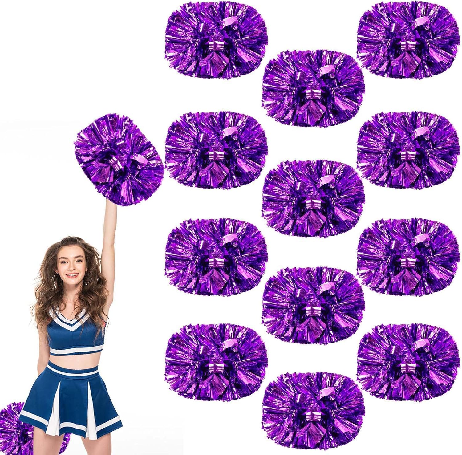 Cheerleader Pom Poms 12 Pack Sports Dance Cheering Plastic Metallic Cheerleading Pom Poms for Kids Adults