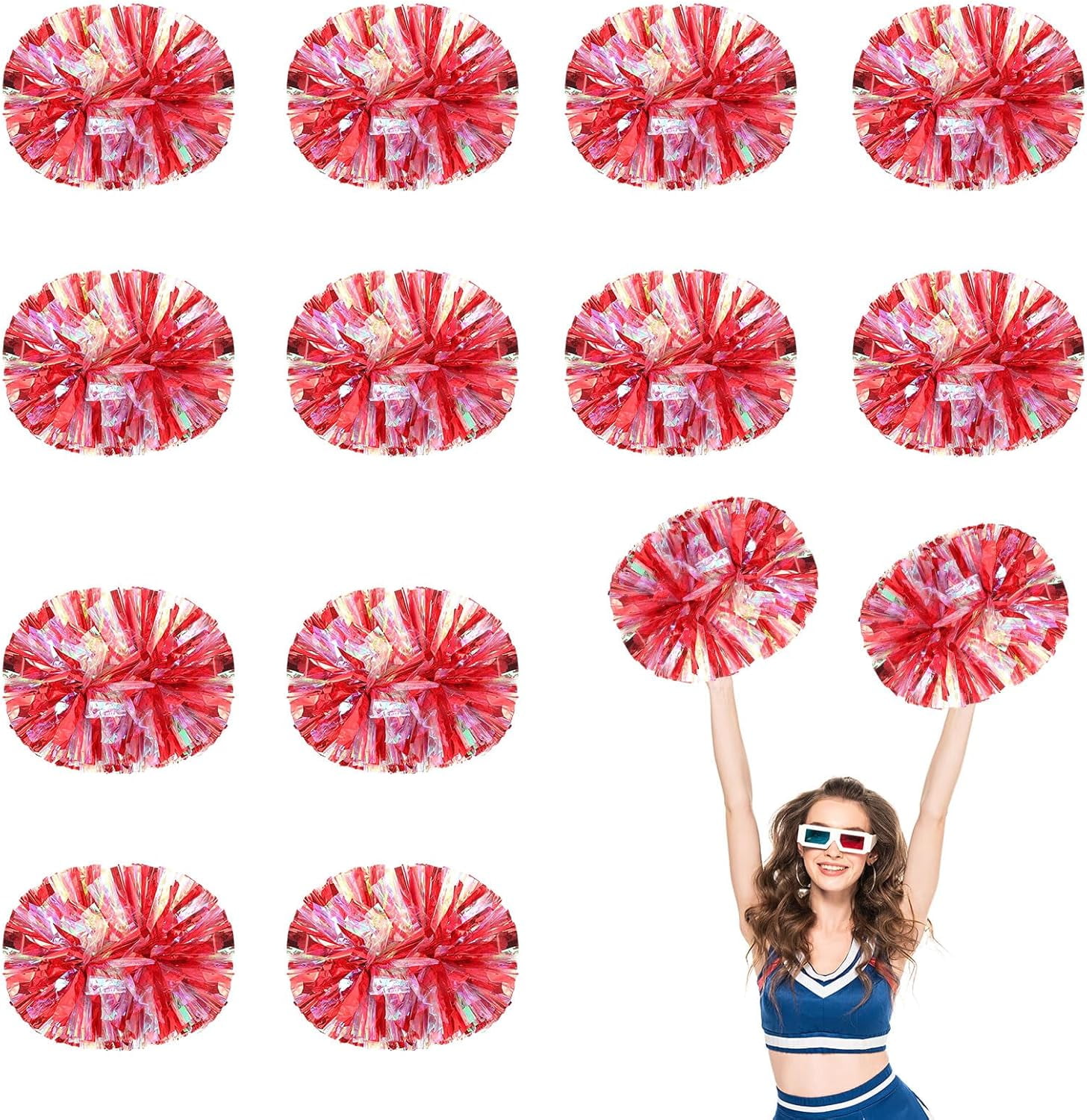 Cheerleader Pom Poms 12 Pack Sports Dance Cheering Plastic Metallic Cheerleading Pom Poms for Kids Adults