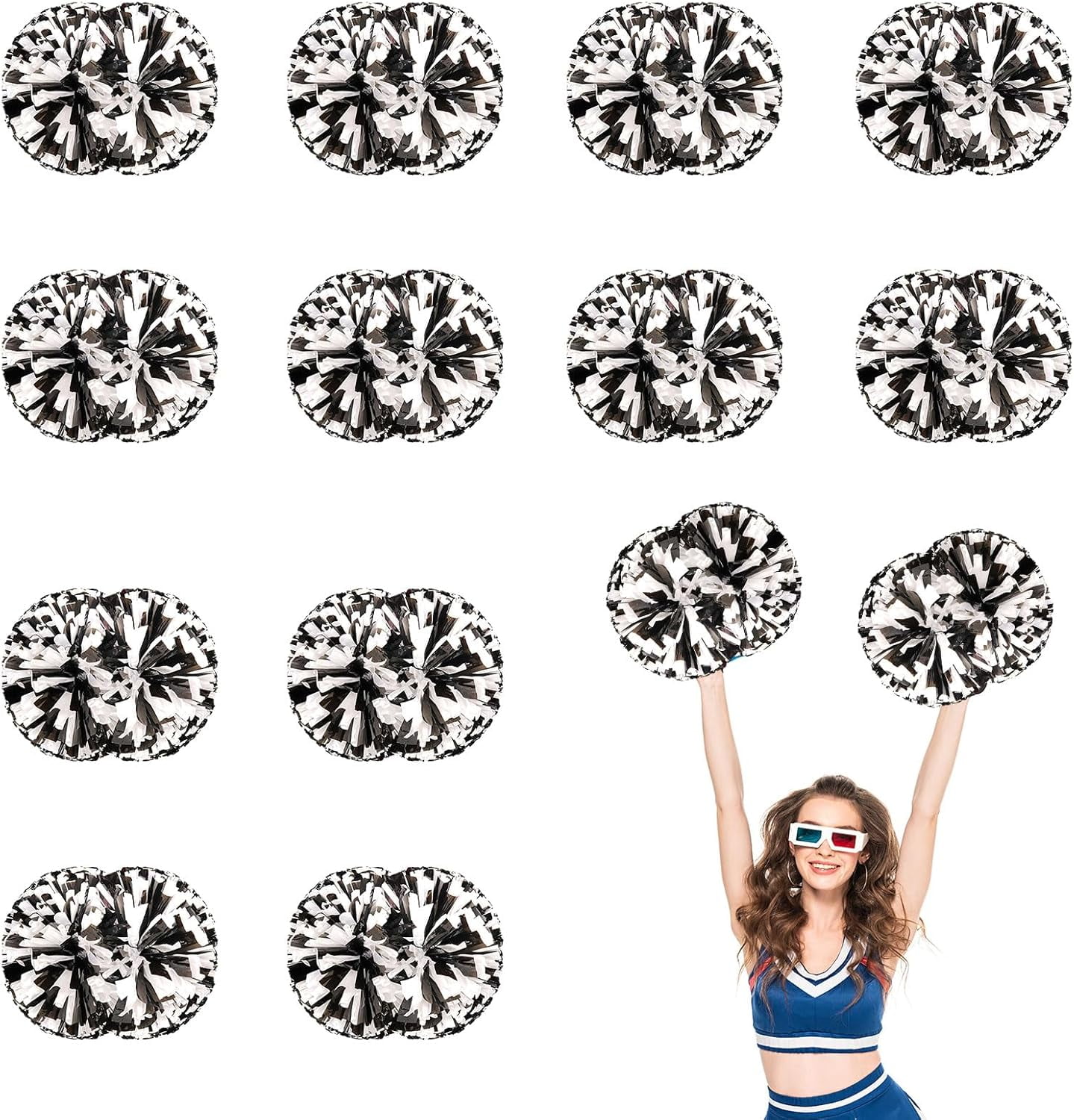 Cheerleader Pom Poms 12 Pack Sports Dance Cheering Plastic Metallic Cheerleading Pom Poms for Kids Adults