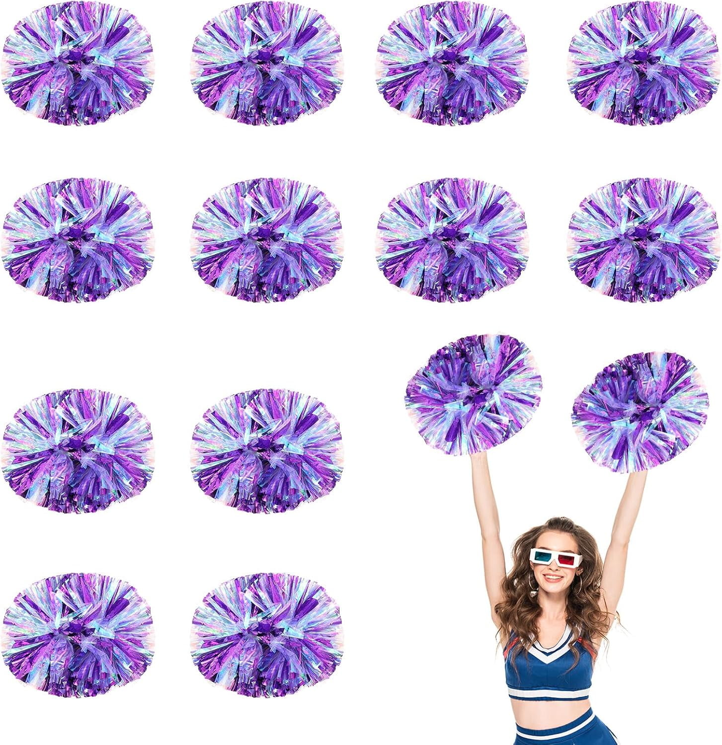 Cheerleader Pom Poms 12 Pack Sports Dance Cheering Plastic Metallic Cheerleading Pom Poms for Kids Adults