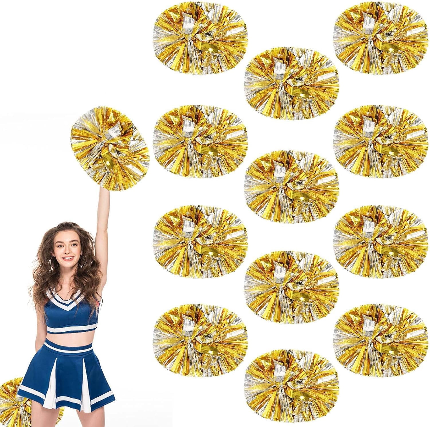 Cheerleader Pom Poms 12 Pack Sports Dance Cheering Plastic Metallic Cheerleading Pom Poms for Kids Adults