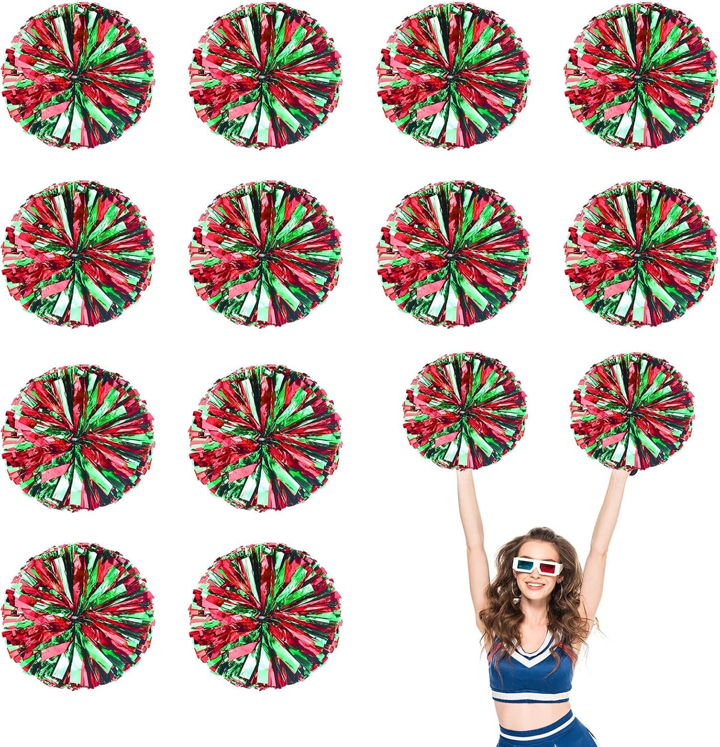 Cheerleader Pom Poms 12 Pack Sports Dance Cheering Plastic Metallic Cheerleading Pom Poms for Kids Adults