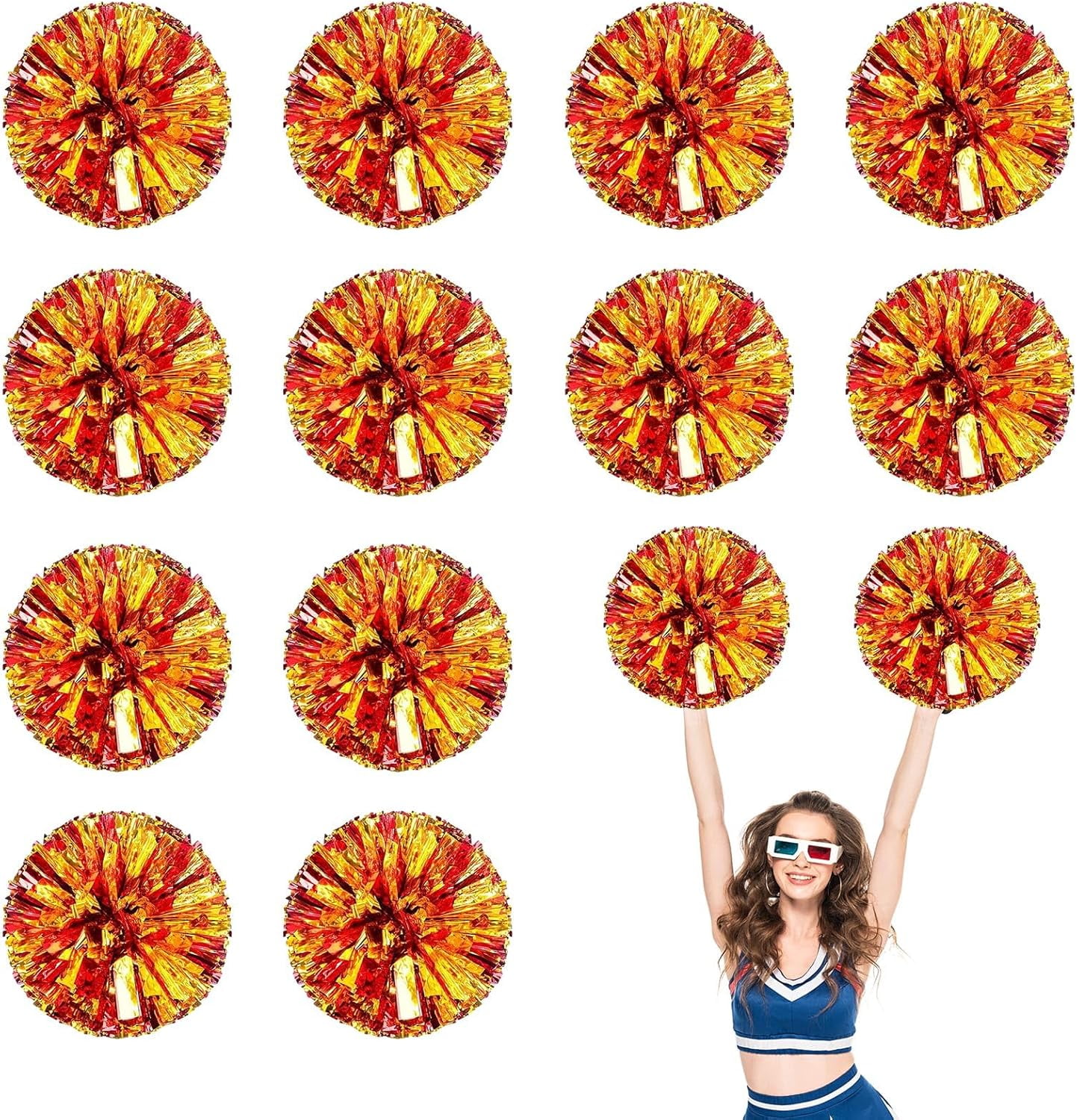 Cheerleader Pom Poms 12 Pack Sports Dance Cheering Plastic Metallic Cheerleading Pom Poms for Kids Adults