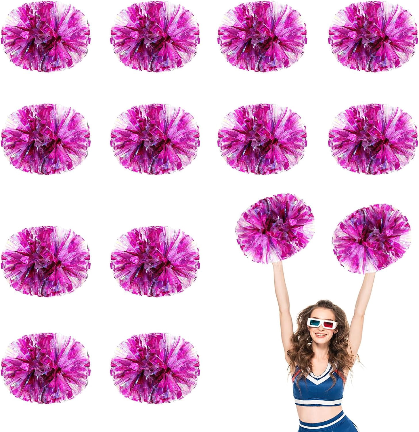 Cheerleader Pom Poms 12 Pack Sports Dance Cheering Plastic Metallic Cheerleading Pom Poms for Kids Adults