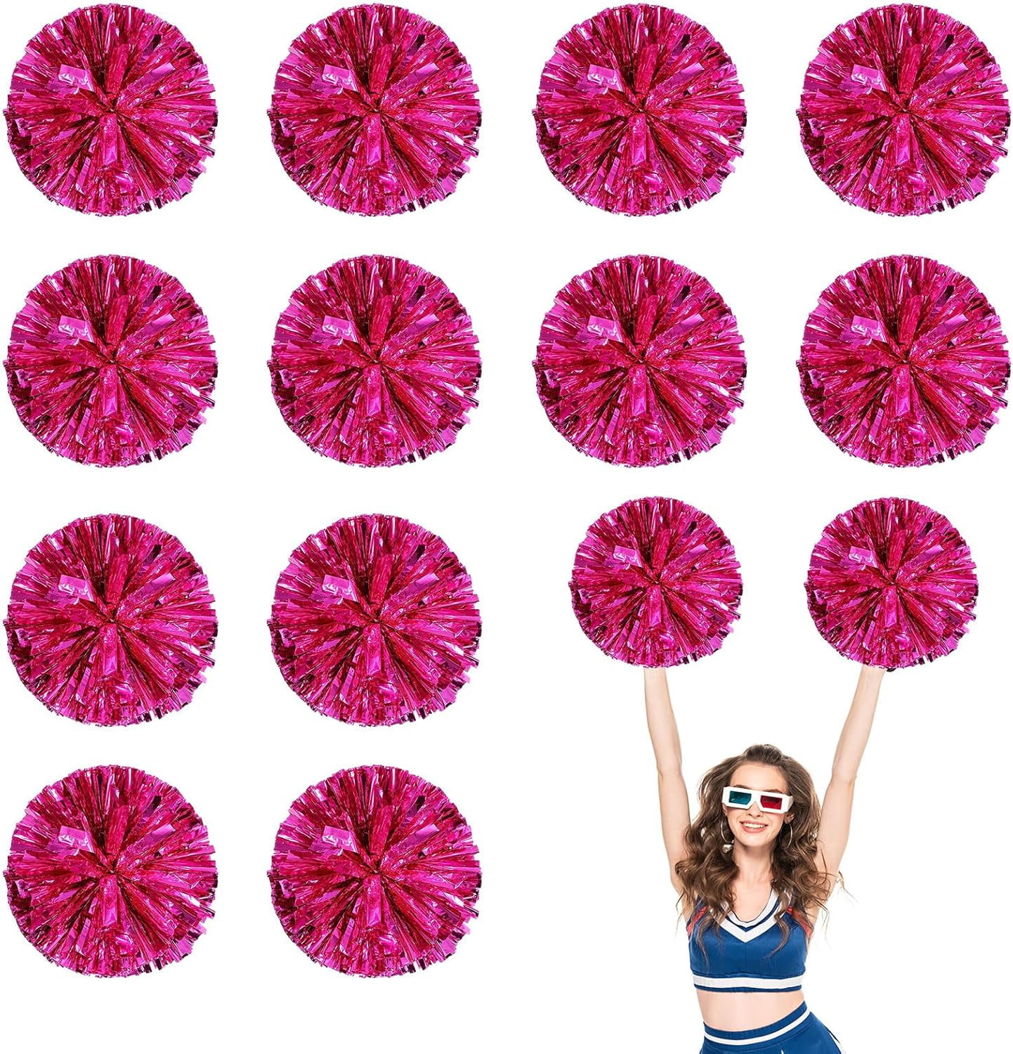 Cheerleader Pom Poms 12 Pack Sports Dance Cheering Plastic Metallic Cheerleading Pom Poms for Kids Adults