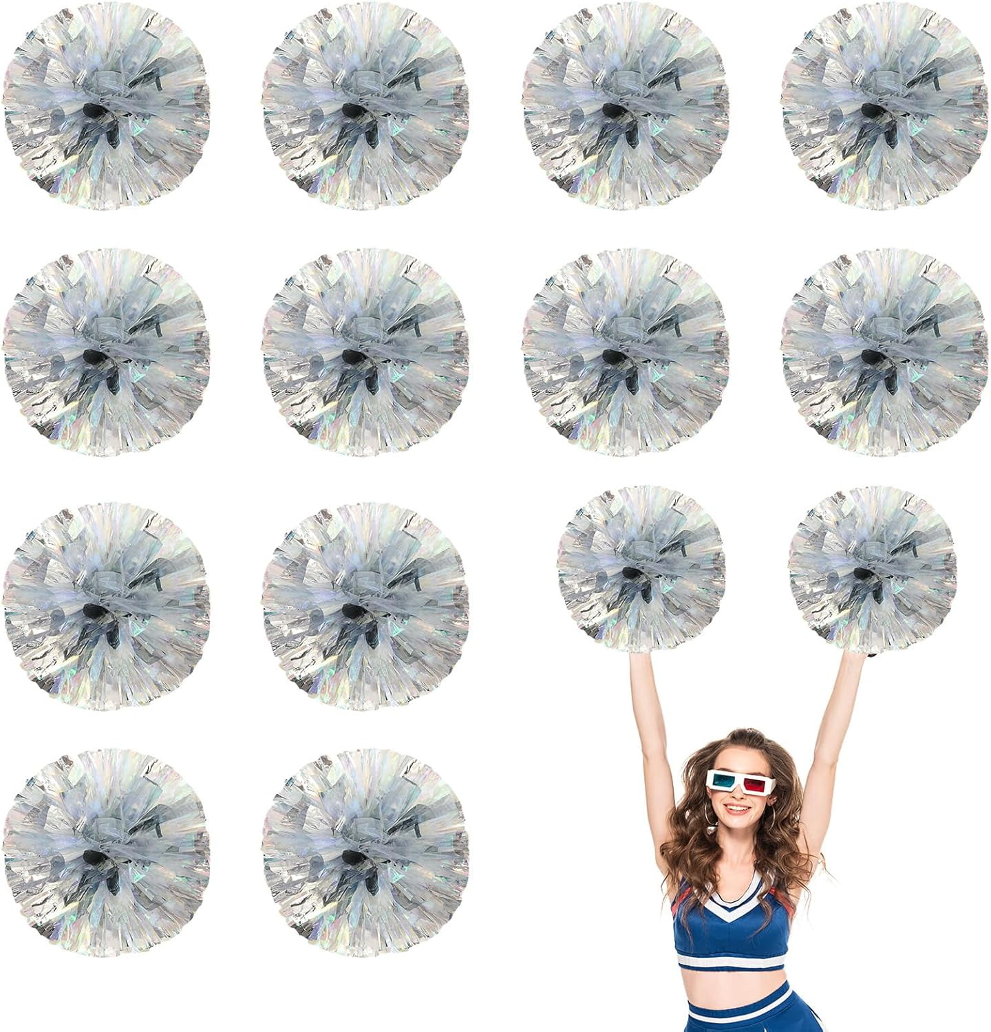 Cheerleader Pom Poms 12 Pack Sports Dance Cheering Plastic Metallic Cheerleading Pom Poms for Kids Adults