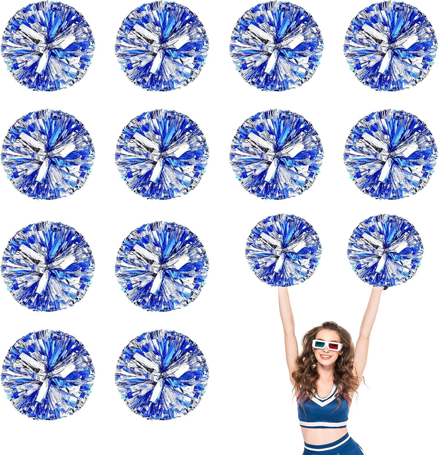 Cheerleader Pom Poms 12 Pack Sports Dance Cheering Plastic Metallic Cheerleading Pom Poms for Kids Adults--.