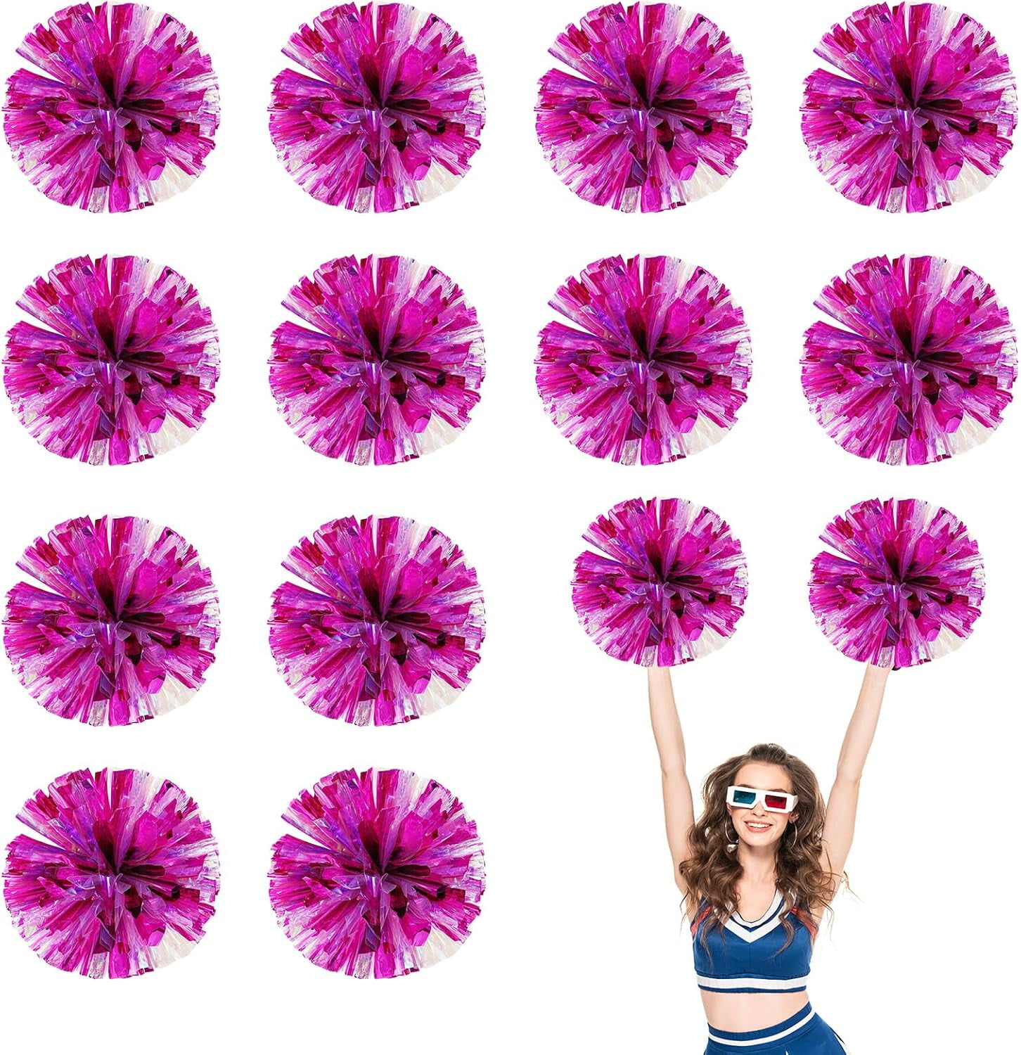 Cheerleader Pom Poms 12 Pack Sports Dance Cheering Plastic Metallic Cheerleading Pom Poms for Kids Adults
