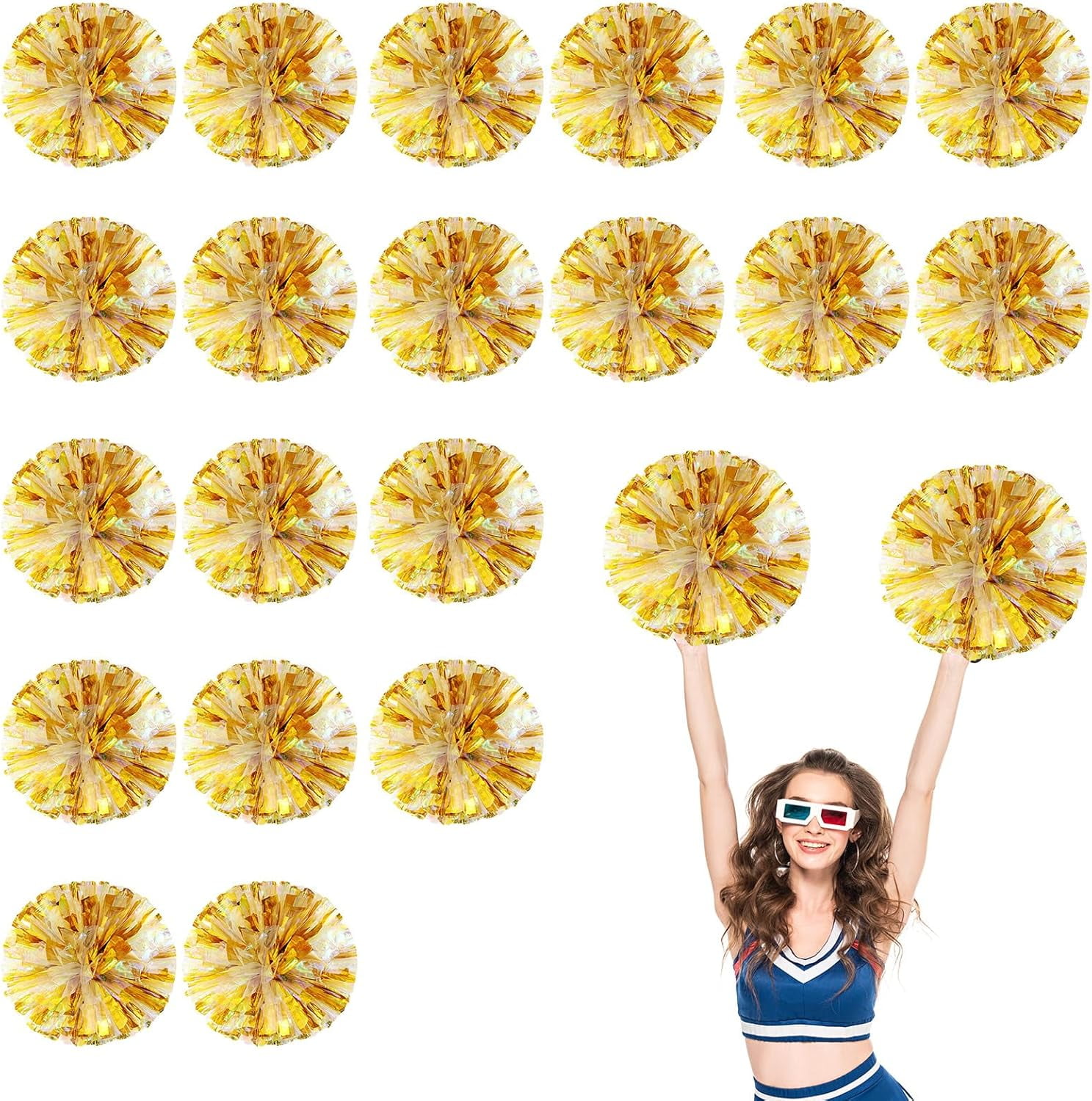 Cheerleader Pom Poms 20 Pack Sports Dance Cheering Plastic Metallic Cheerleading Pom Poms for Kids Adults-Ring Style