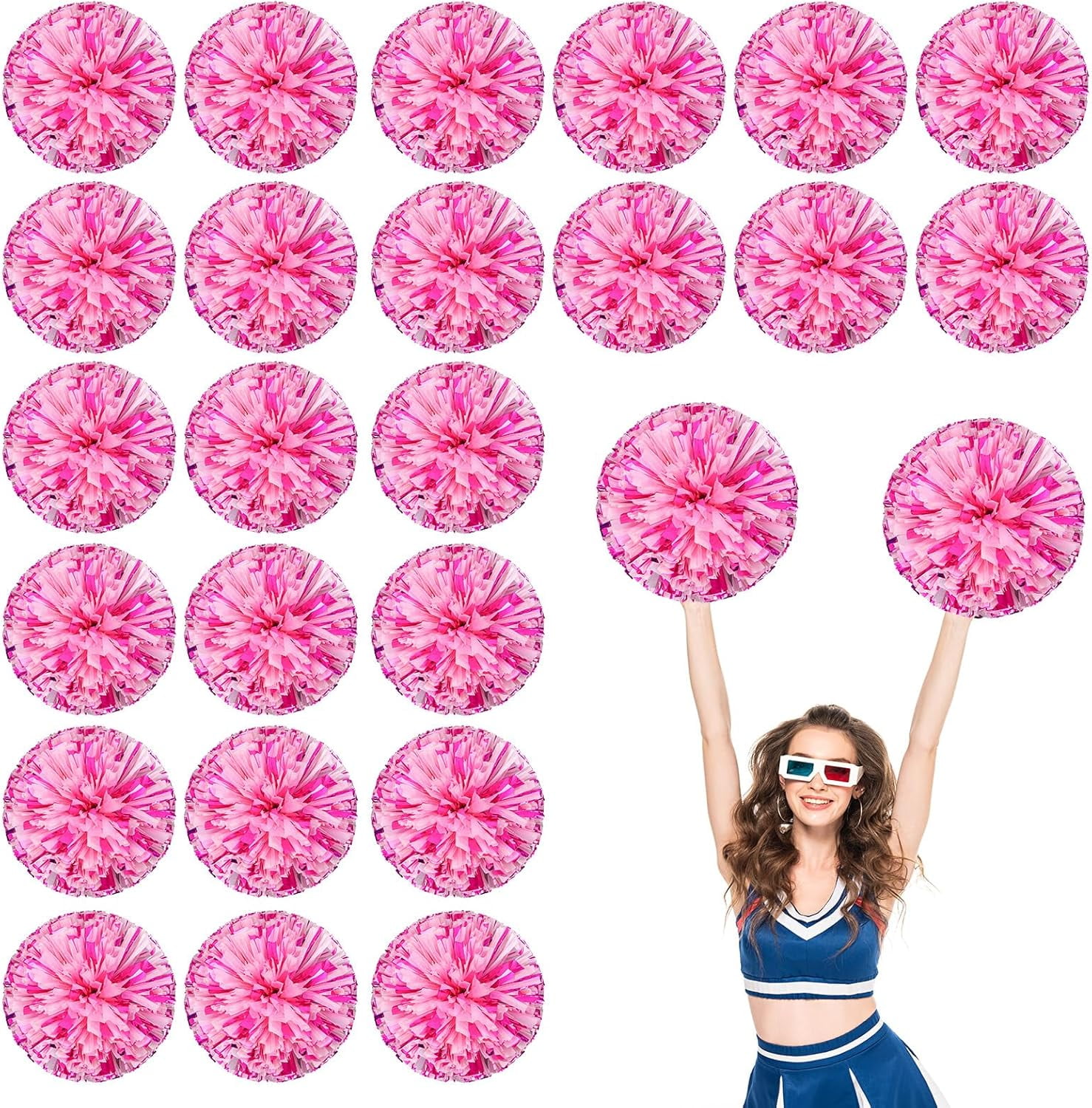 Cheerleader Pom Poms 24 Pack Sports Dance Cheering Plastic Metallic Cheerleading Pom Poms for Kids Adults-Ring Style