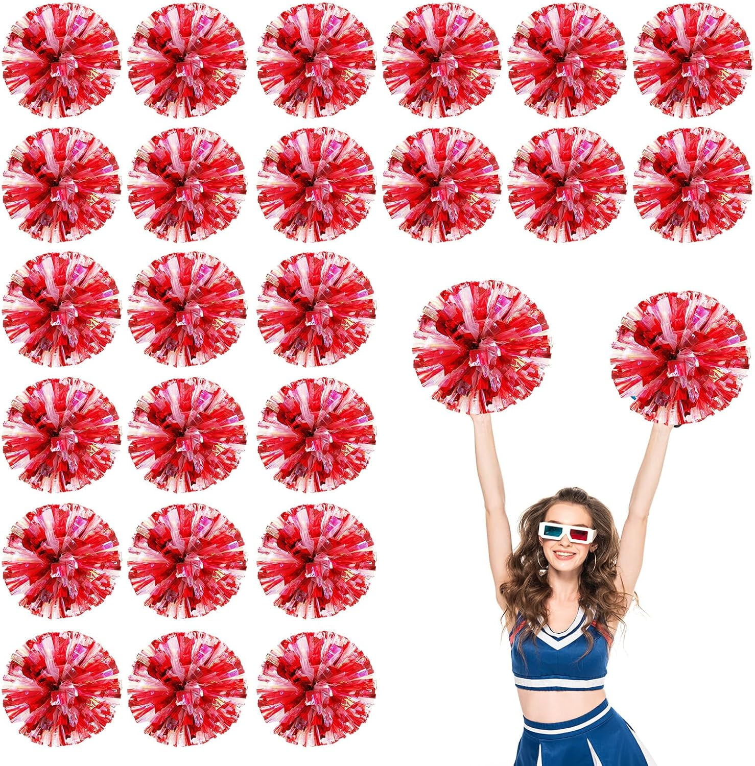 Cheerleader Pom Poms 24 Pack Sports Dance Cheering Plastic Metallic Cheerleading Pom Poms for Kids Adults