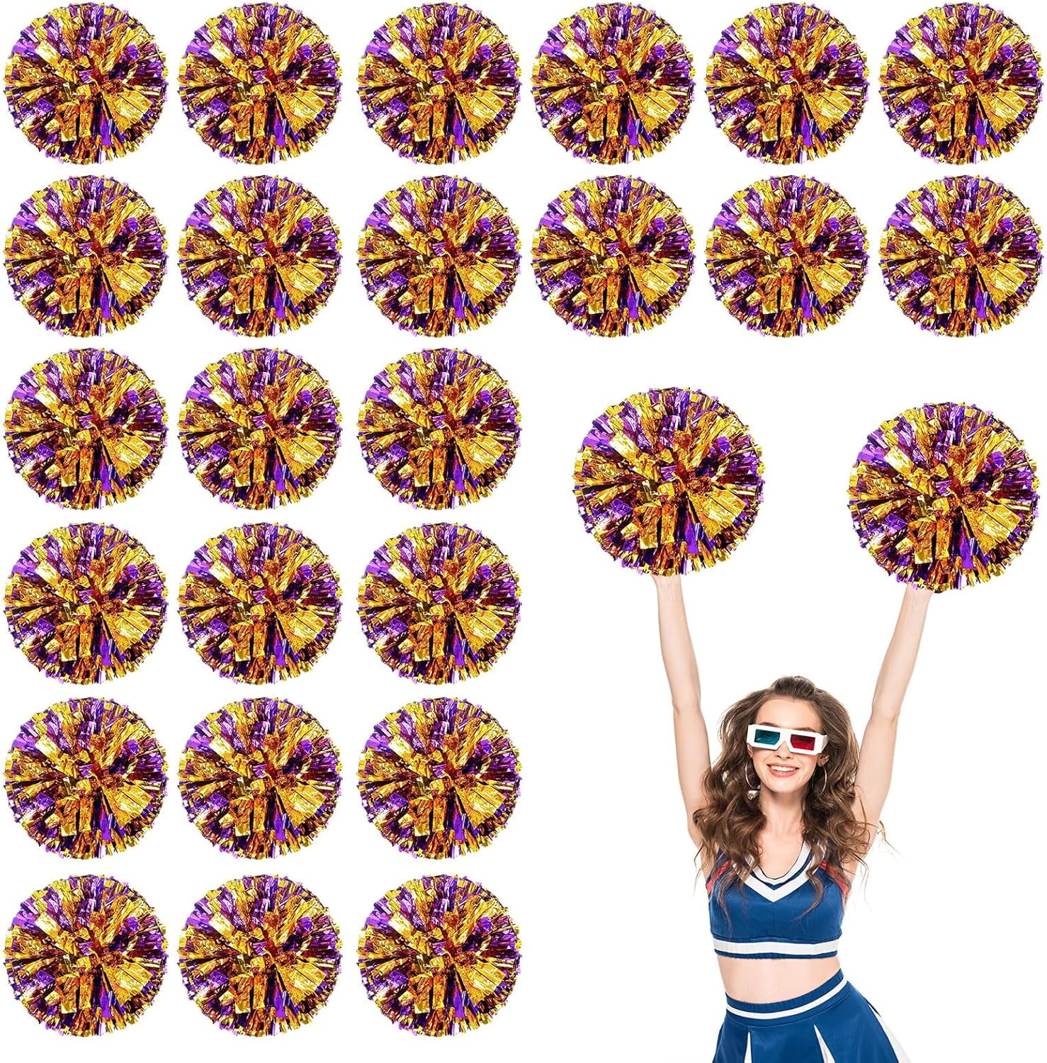 Cheerleader Pom Poms 24 Pack Sports Dance Cheering Plastic Metallic Cheerleading Pom Poms for Kids Adults-Ring Style