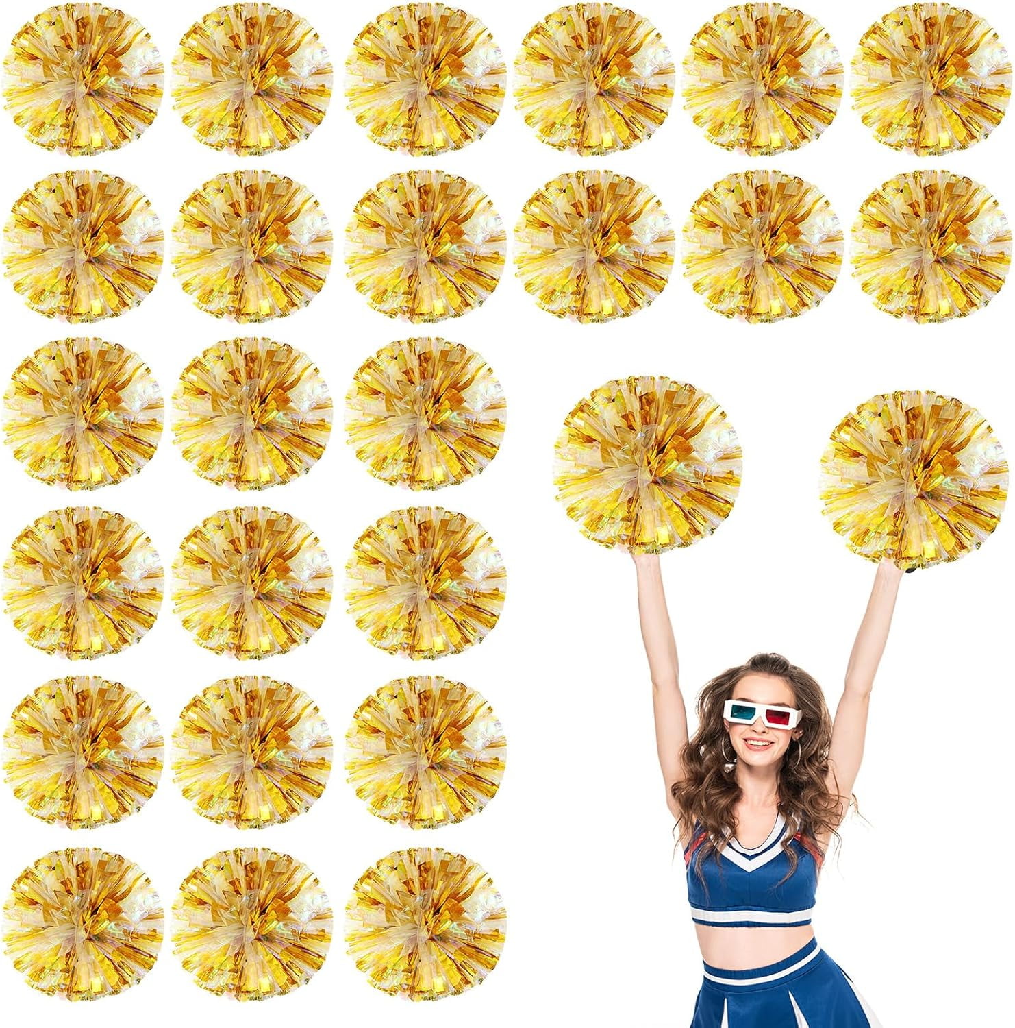 Cheerleader Pom Poms 24 Pack Sports Dance Cheering Plastic Metallic Cheerleading Pom Poms for Kids Adults-Ring Style