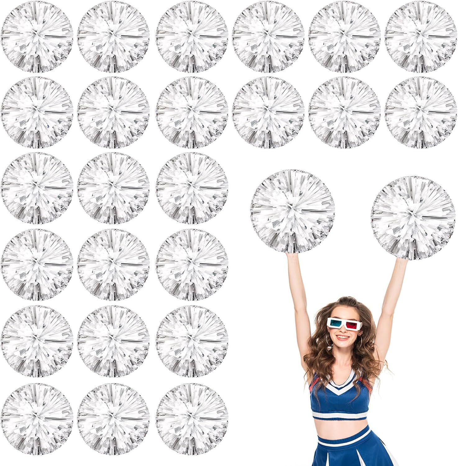 Cheerleader Pom Poms 24 Pack Sports Dance Cheering Plastic Metallic Cheerleading Pom Poms for Kids Adults-Ring Style