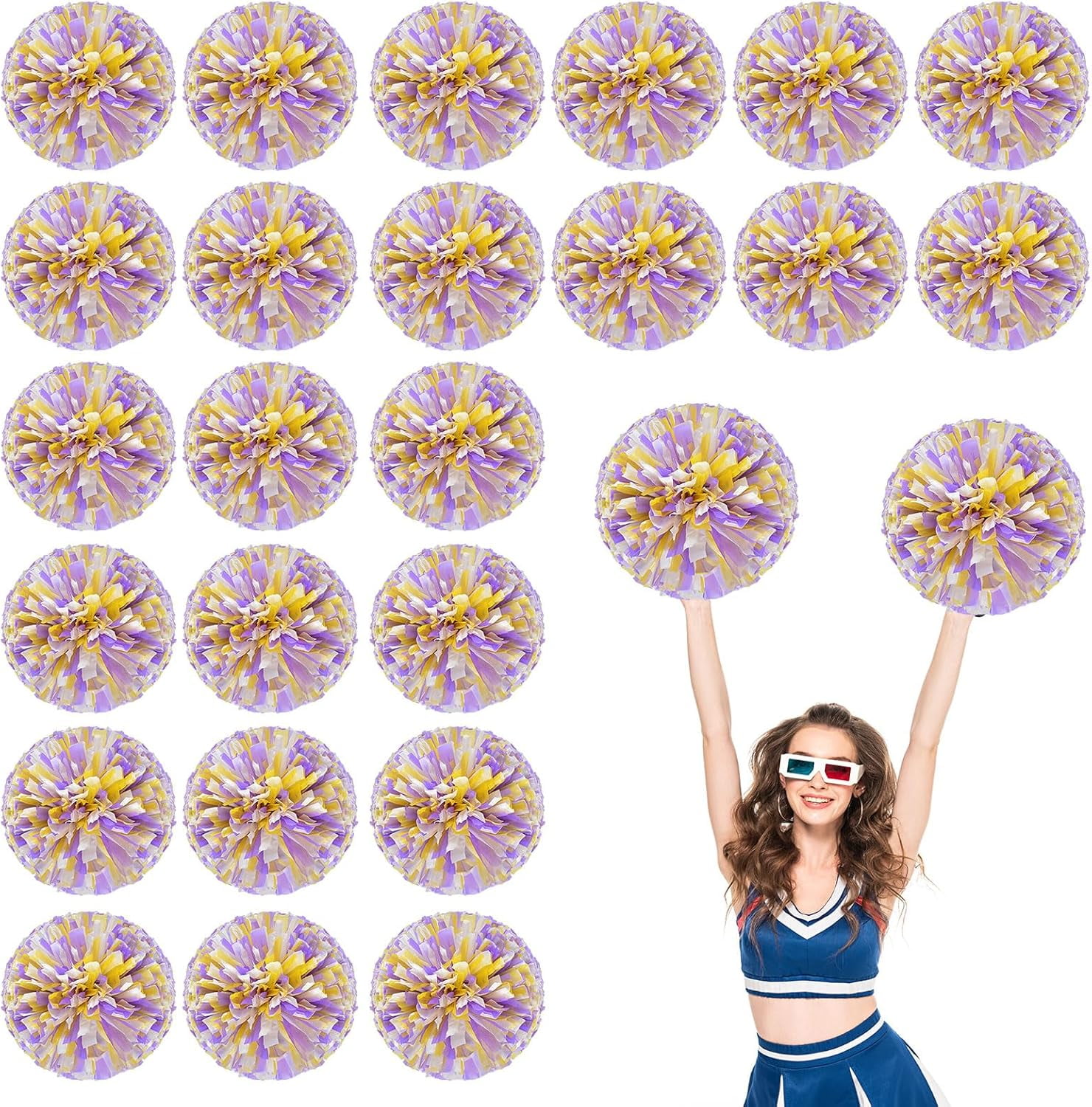Cheerleader Pom Poms 24 Pack Sports Dance Cheering Plastic Metallic Cheerleading Pom Poms for Kids Adults-Ring Style