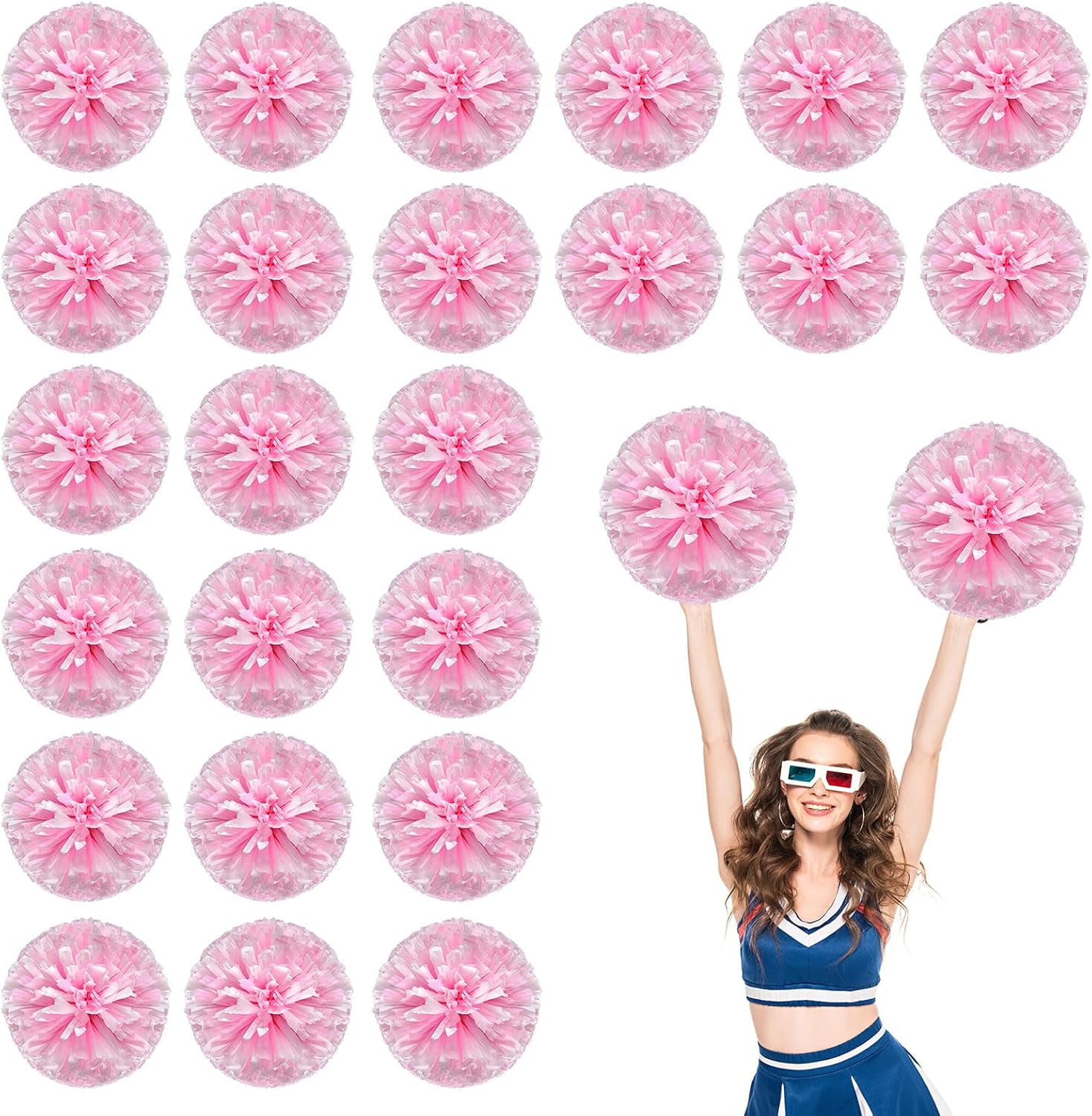 Cheerleader Pom Poms 24 Pack Sports Dance Cheering Plastic Metallic Cheerleading Pom Poms for Kids Adults-Ring Style